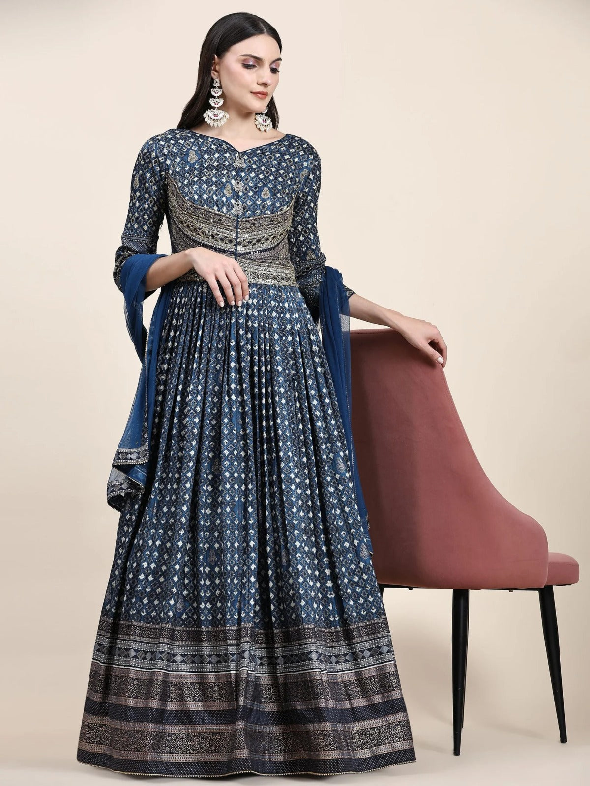 Blue embriodered long heavy gown