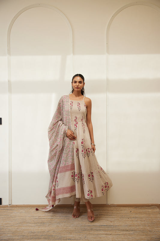 Floral Smocked Maxi Dress Set  Beige, Green & Pink