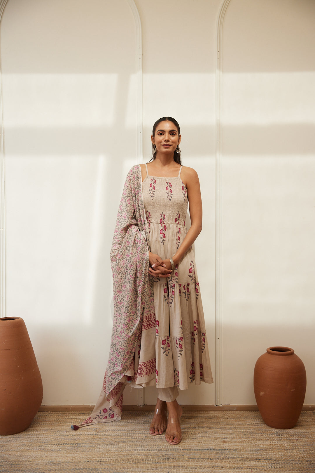 Floral Smocked Maxi Dress Set Beige, Green & Pink