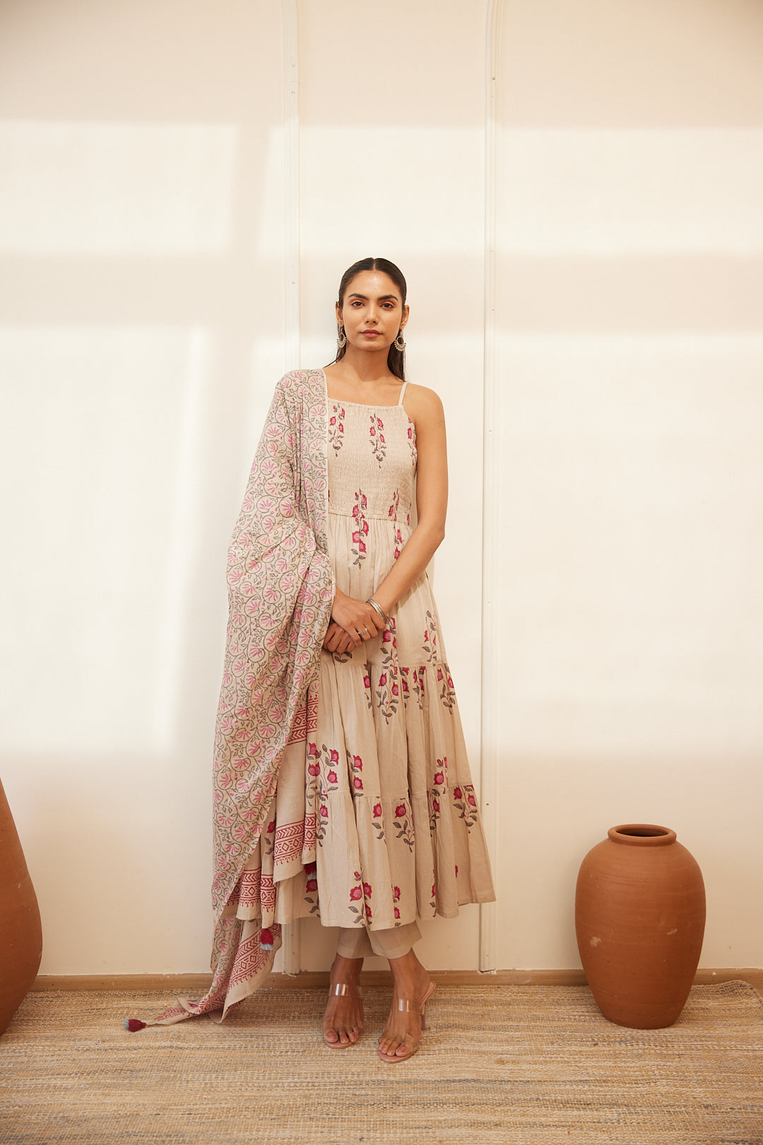 Floral Smocked Maxi Dress Set Beige, Green & Pink