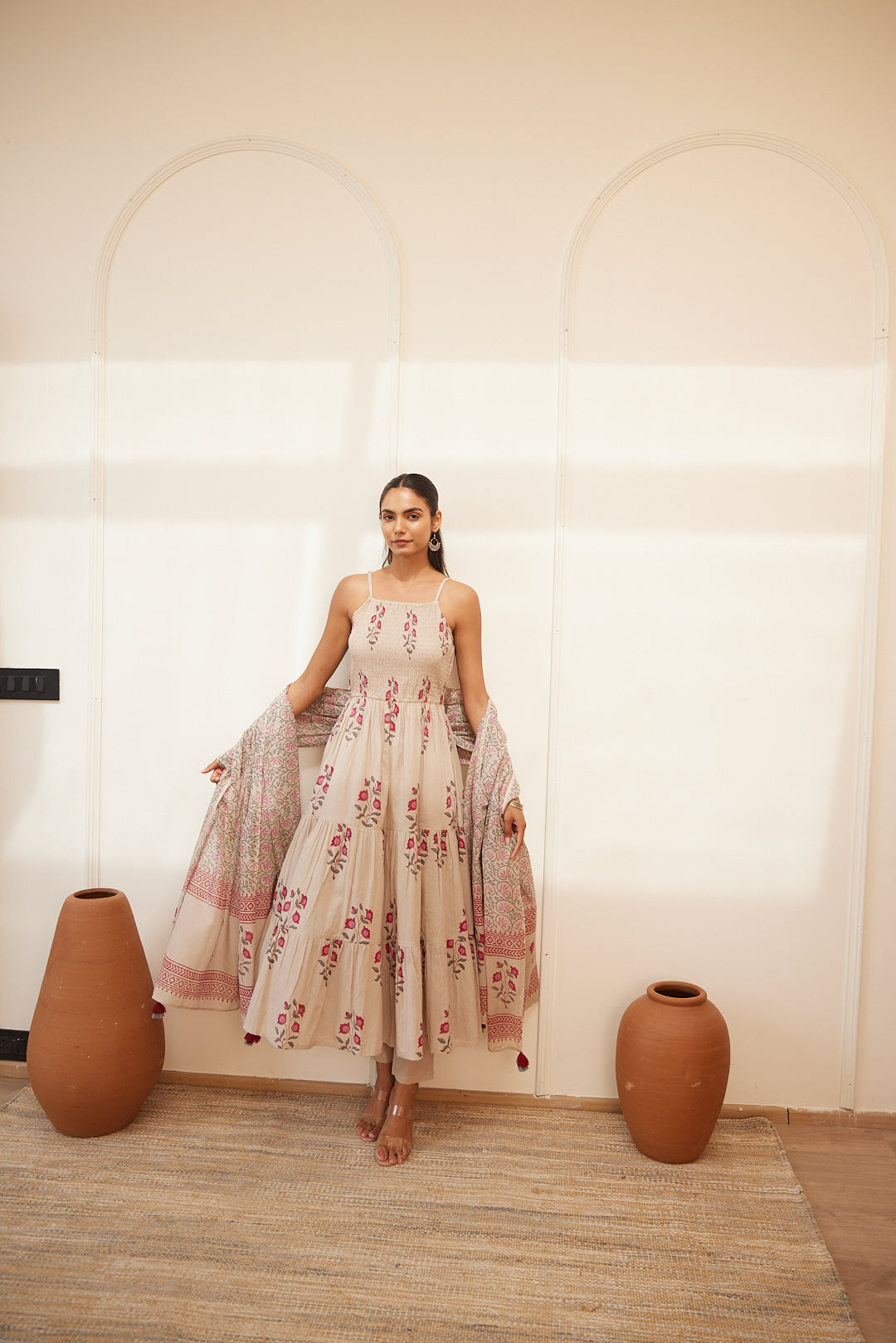 Floral Smocked Maxi Dress Set Beige, Green & Pink