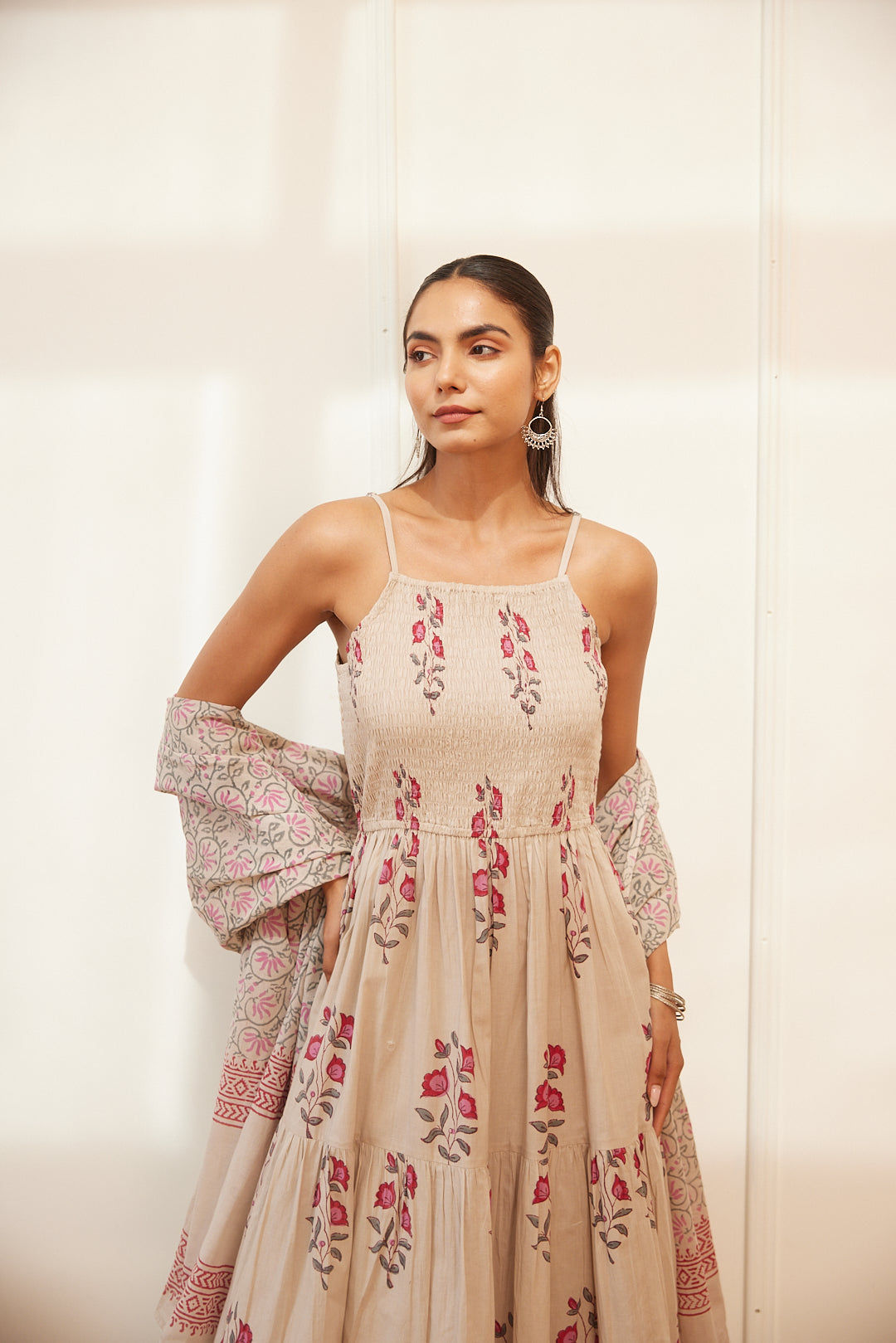 Floral Smocked Maxi Dress Set Beige, Green & Pink