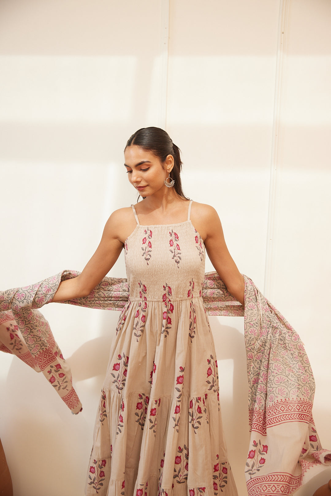 Floral Smocked Maxi Dress Set Beige, Green & Pink