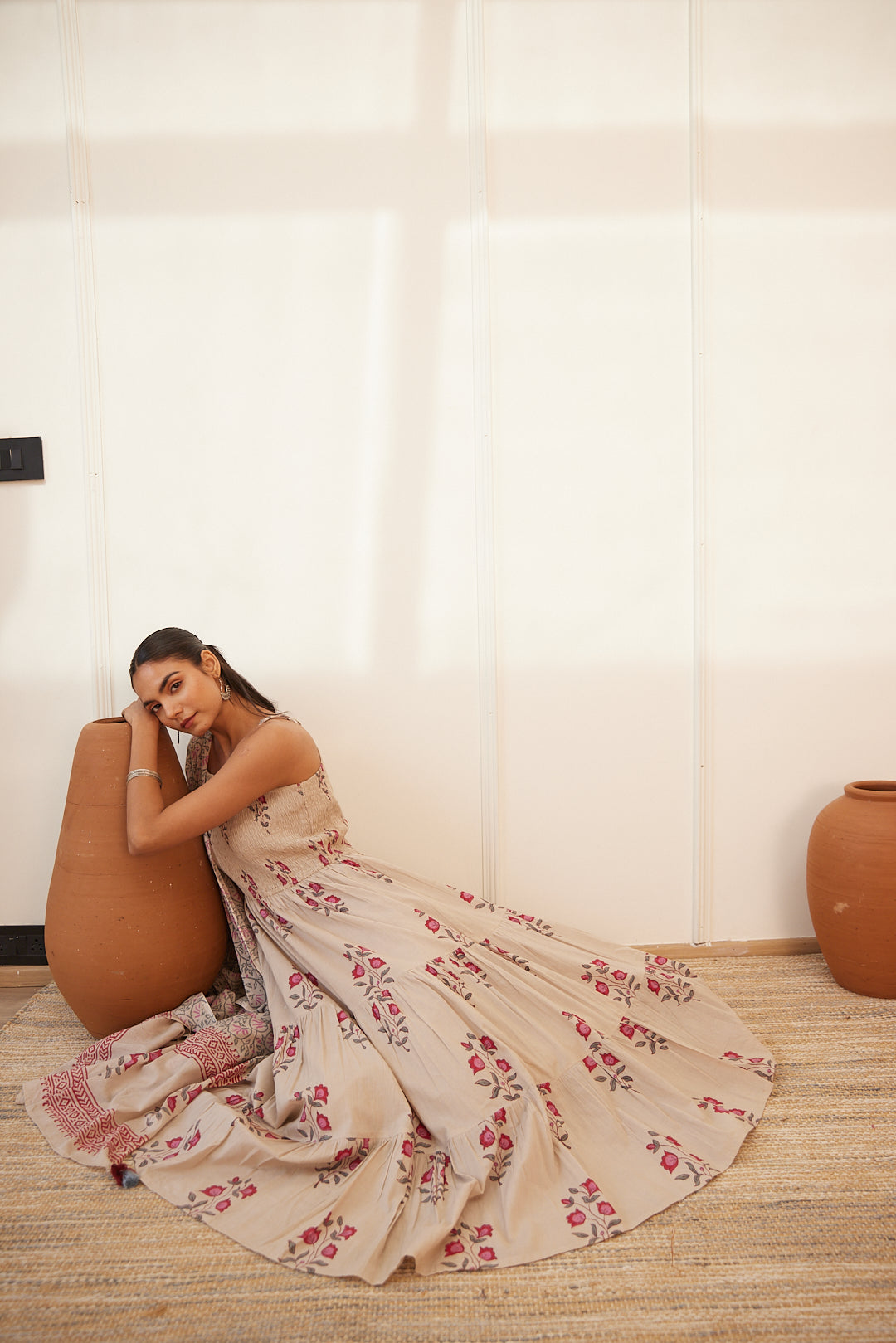Floral Smocked Maxi Dress Set Beige, Green & Pink