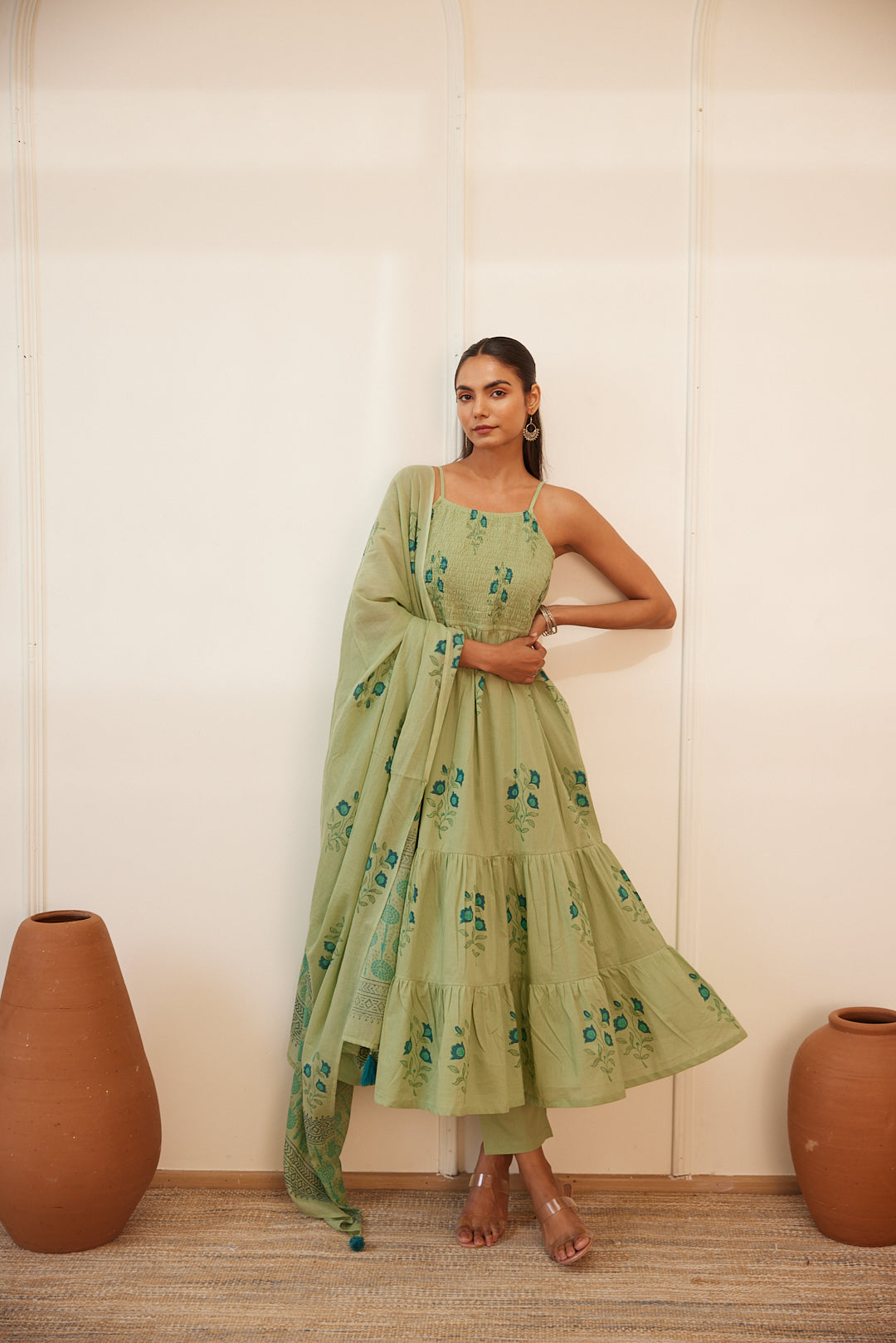 Floral Smocked Maxi Dress Set Beige, Green & Pink