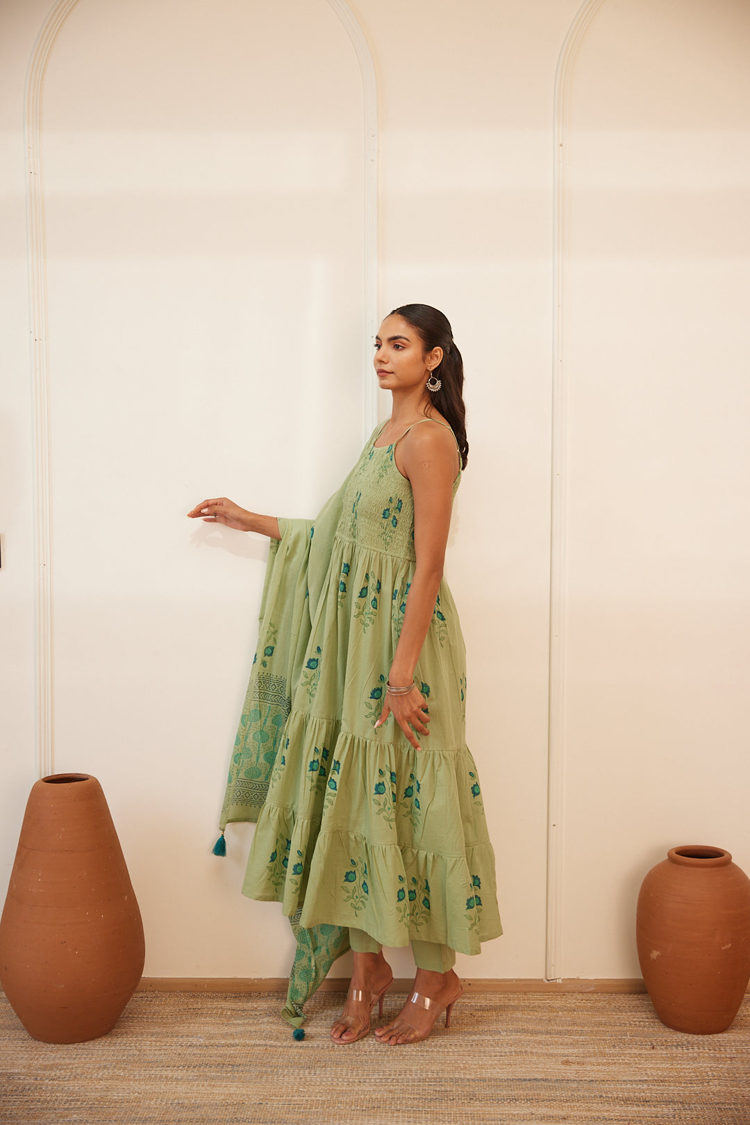 Floral Smocked Maxi Dress Set Beige, Green & Pink