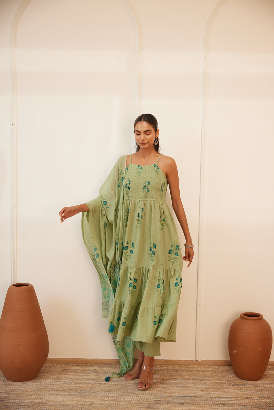 Floral Smocked Maxi Dress Set Beige, Green & Pink