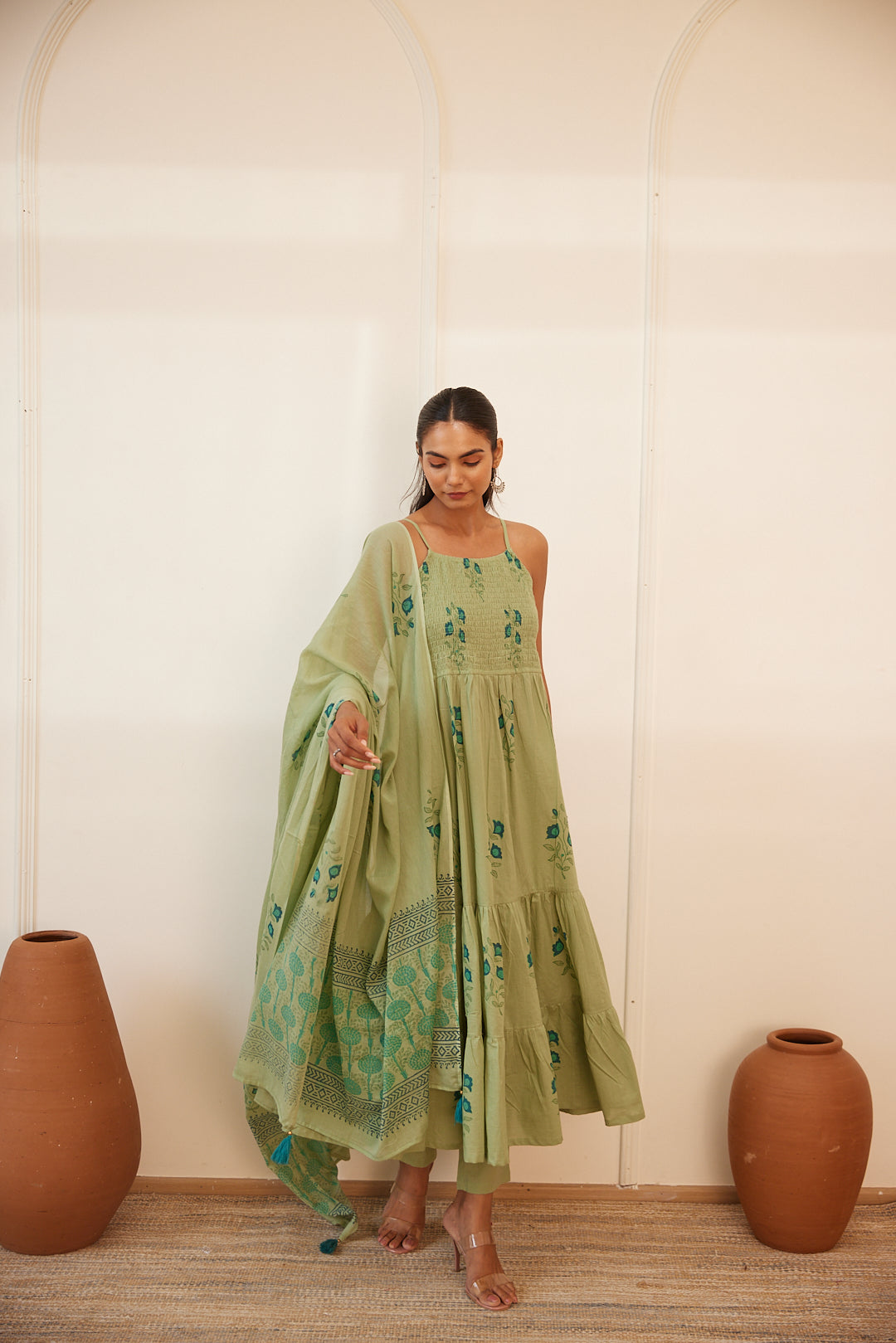 Floral Smocked Maxi Dress Set Beige, Green & Pink