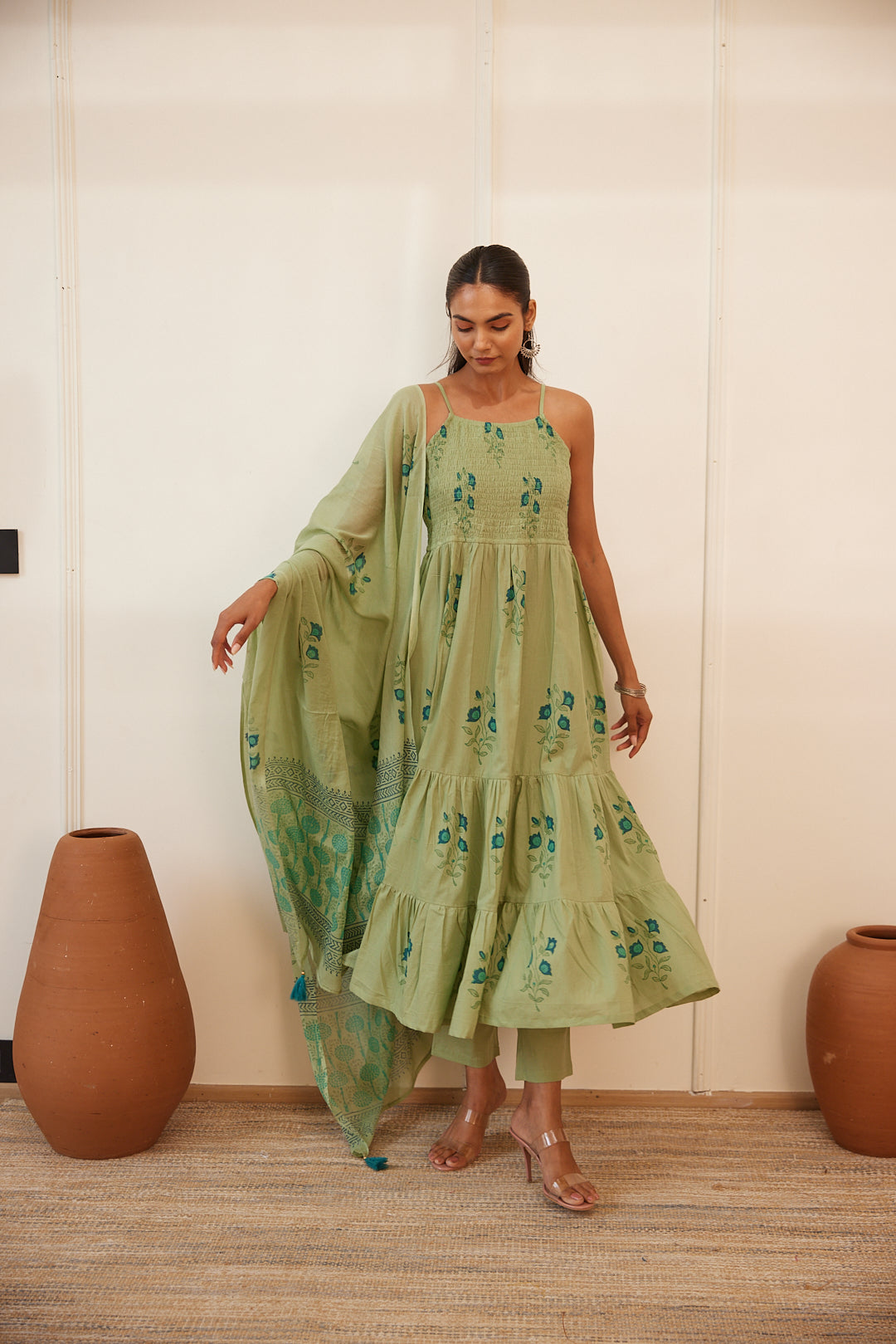 Floral Smocked Maxi Dress Set Beige, Green & Pink