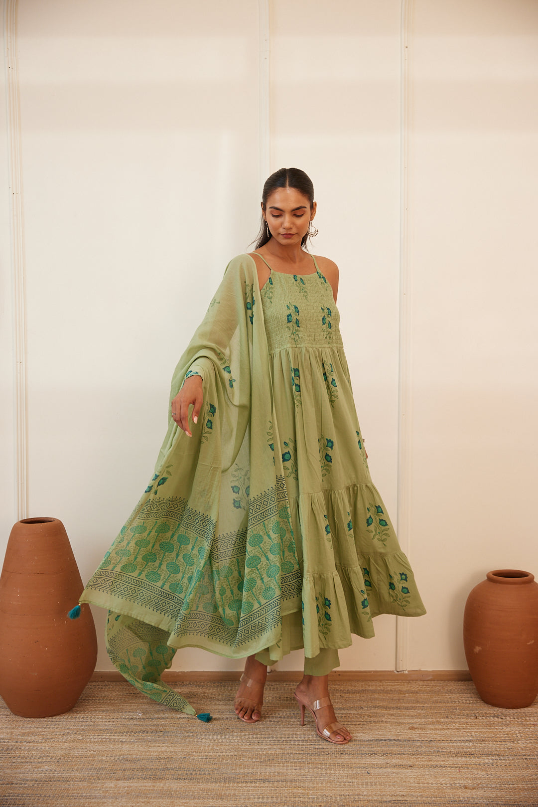 Floral Smocked Maxi Dress Set Beige, Green & Pink