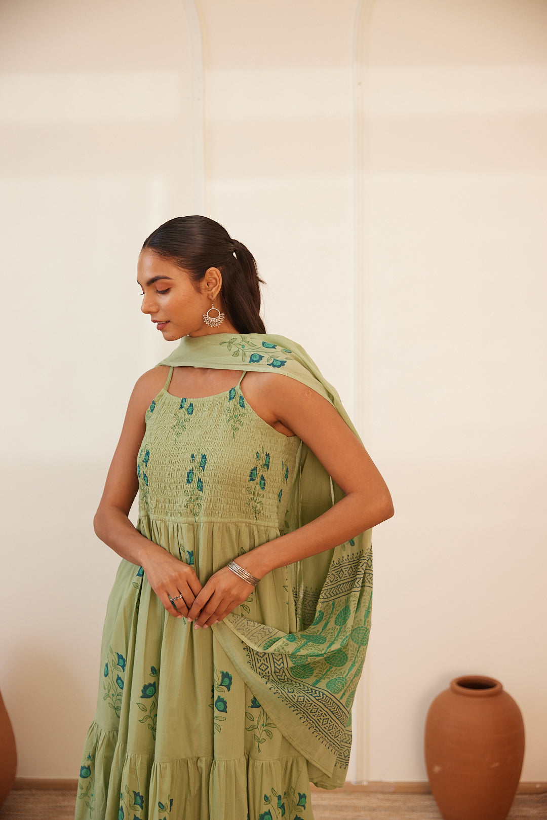 Floral Smocked Maxi Dress Set Beige, Green & Pink