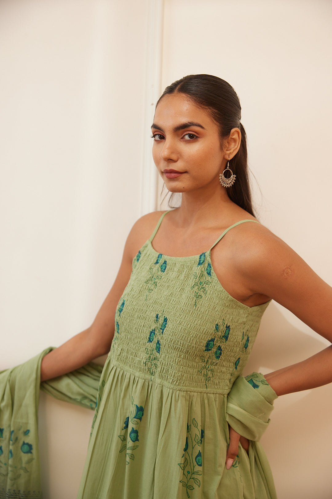 Floral Smocked Maxi Dress Set Beige, Green & Pink