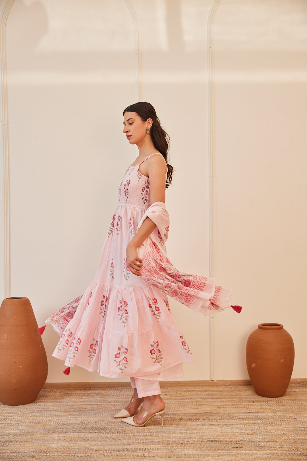 Floral Smocked Maxi Dress Set Beige, Green & Pink