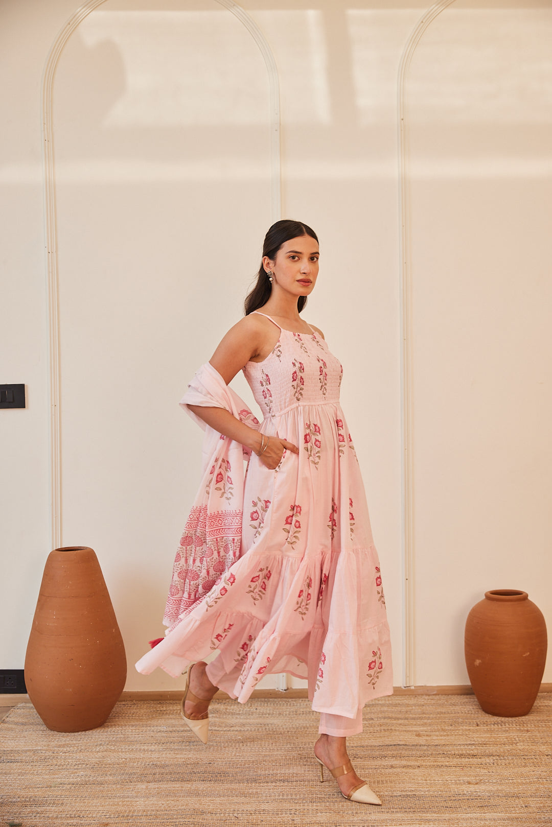 Floral Smocked Maxi Dress Set Beige, Green & Pink