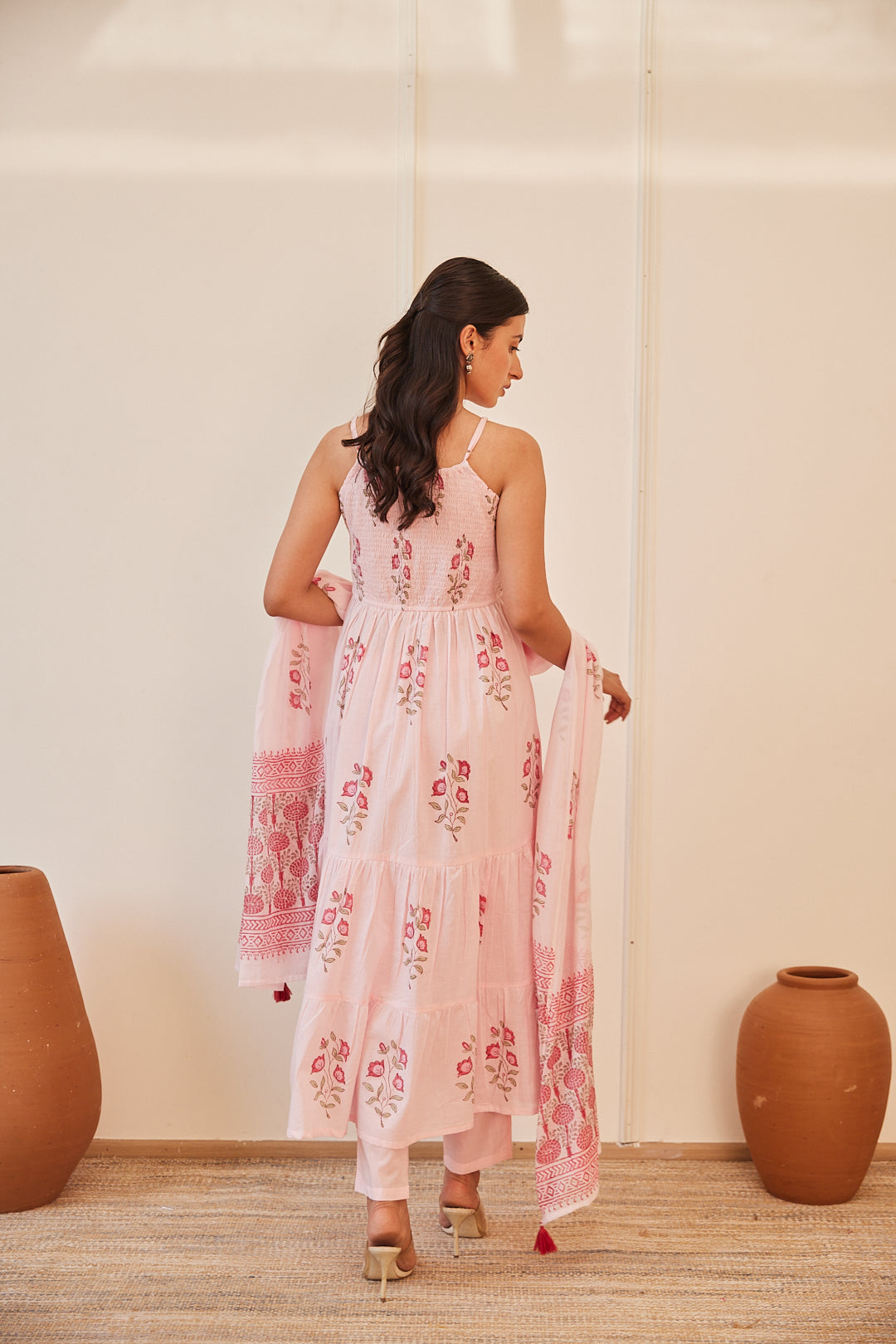Floral Smocked Maxi Dress Set Beige, Green & Pink