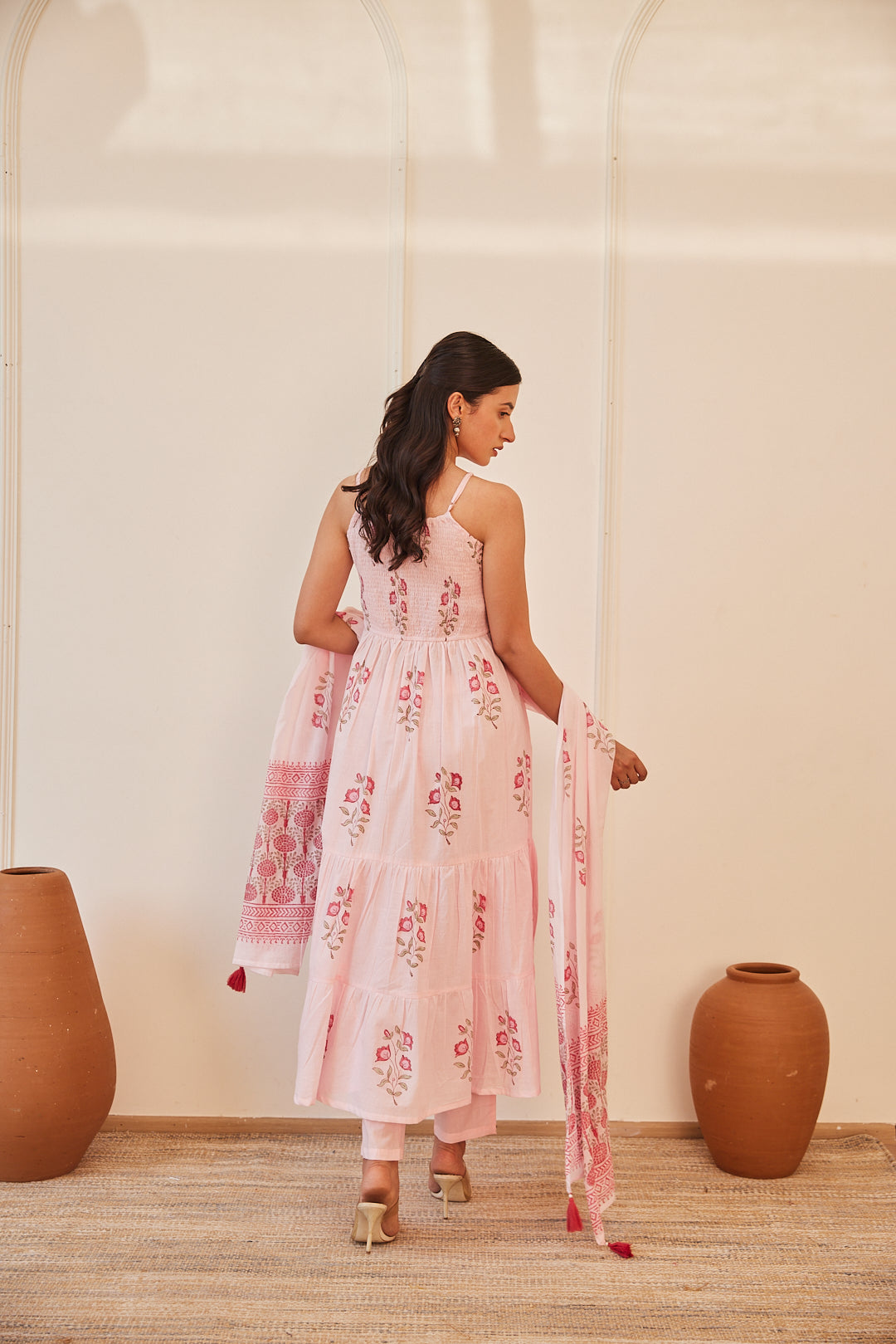 Floral Smocked Maxi Dress Set Beige, Green & Pink