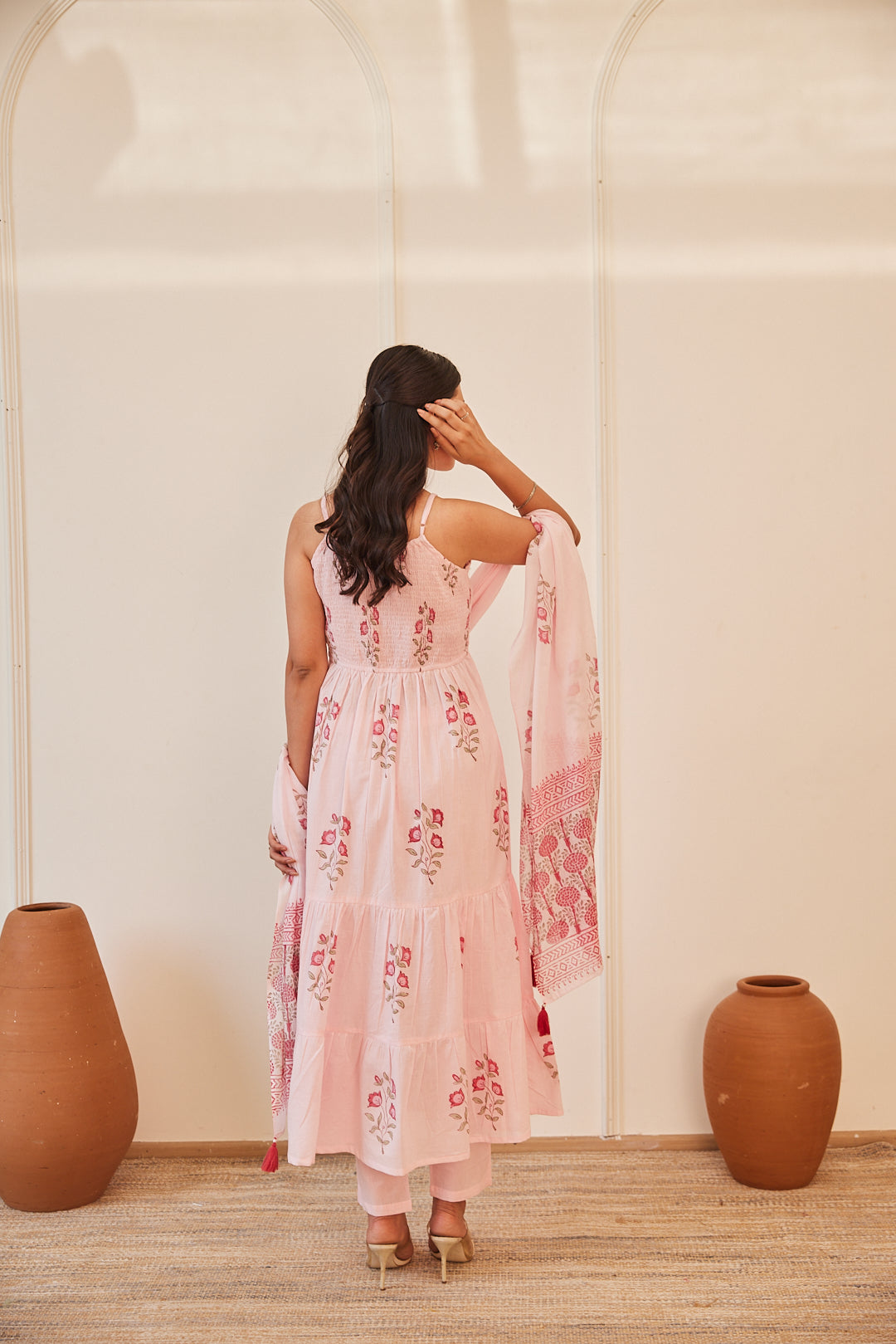 Floral Smocked Maxi Dress Set Beige, Green & Pink
