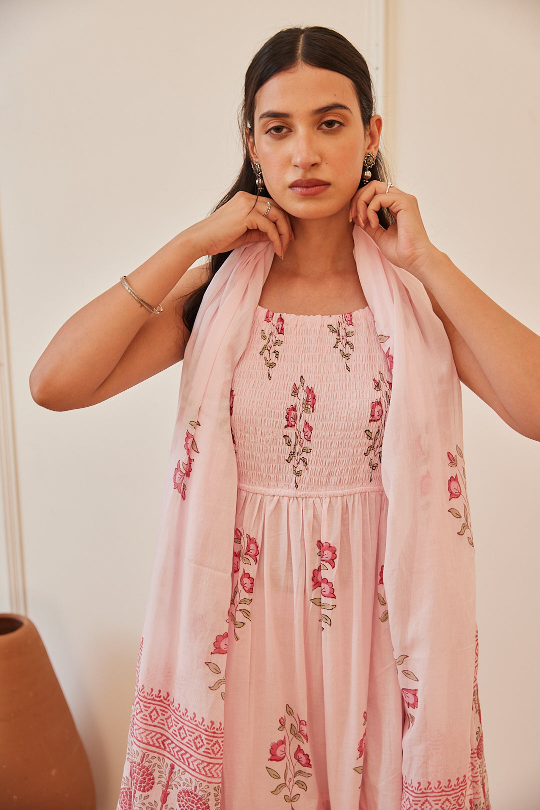 Floral Smocked Maxi Dress Set Beige, Green & Pink