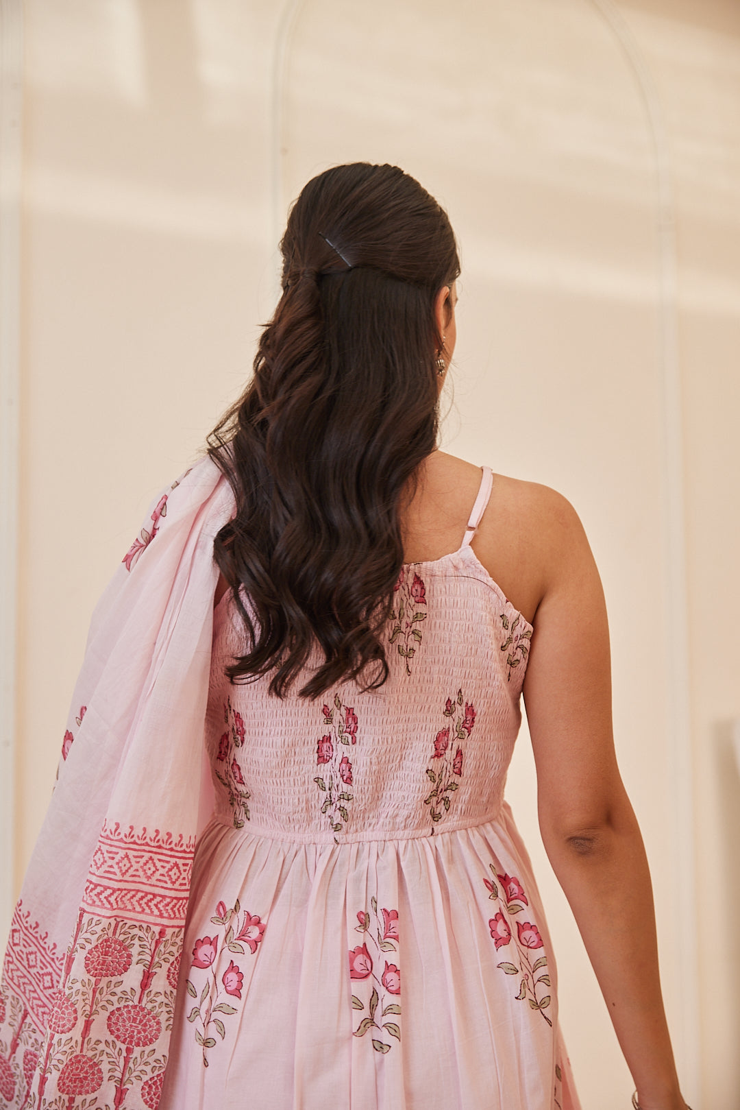Floral Smocked Maxi Dress Set Beige, Green & Pink