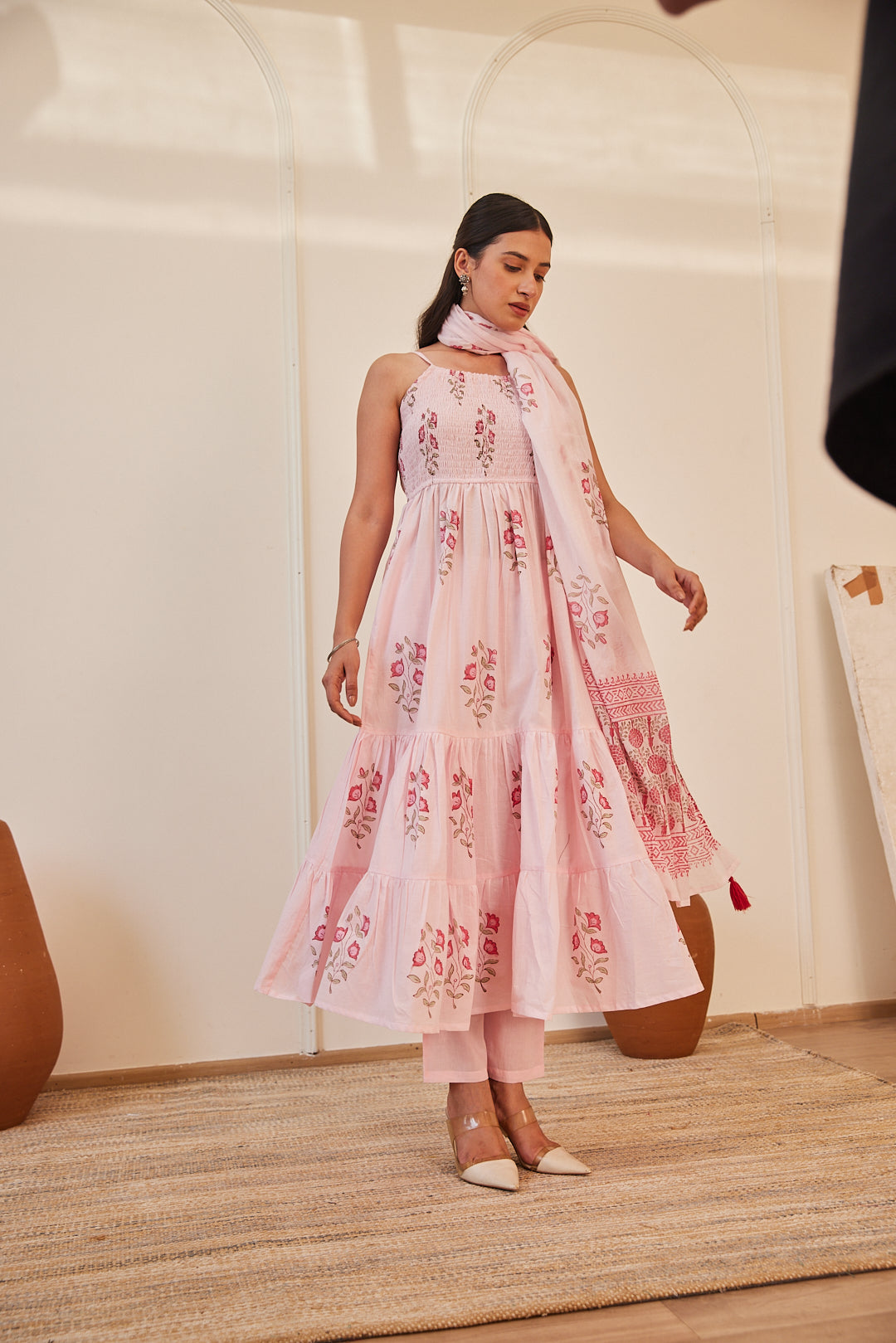 Floral Smocked Maxi Dress Set Beige, Green & Pink