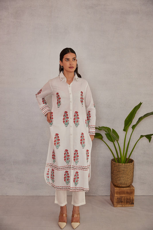 Crimson Bloom Kurta  White with Red & Green Accents