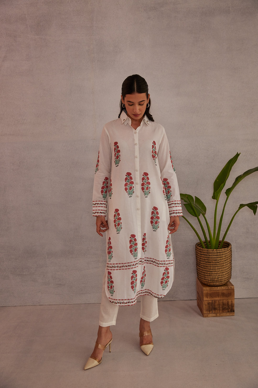 Crimson Bloom Kurta White with Red & Green Accents