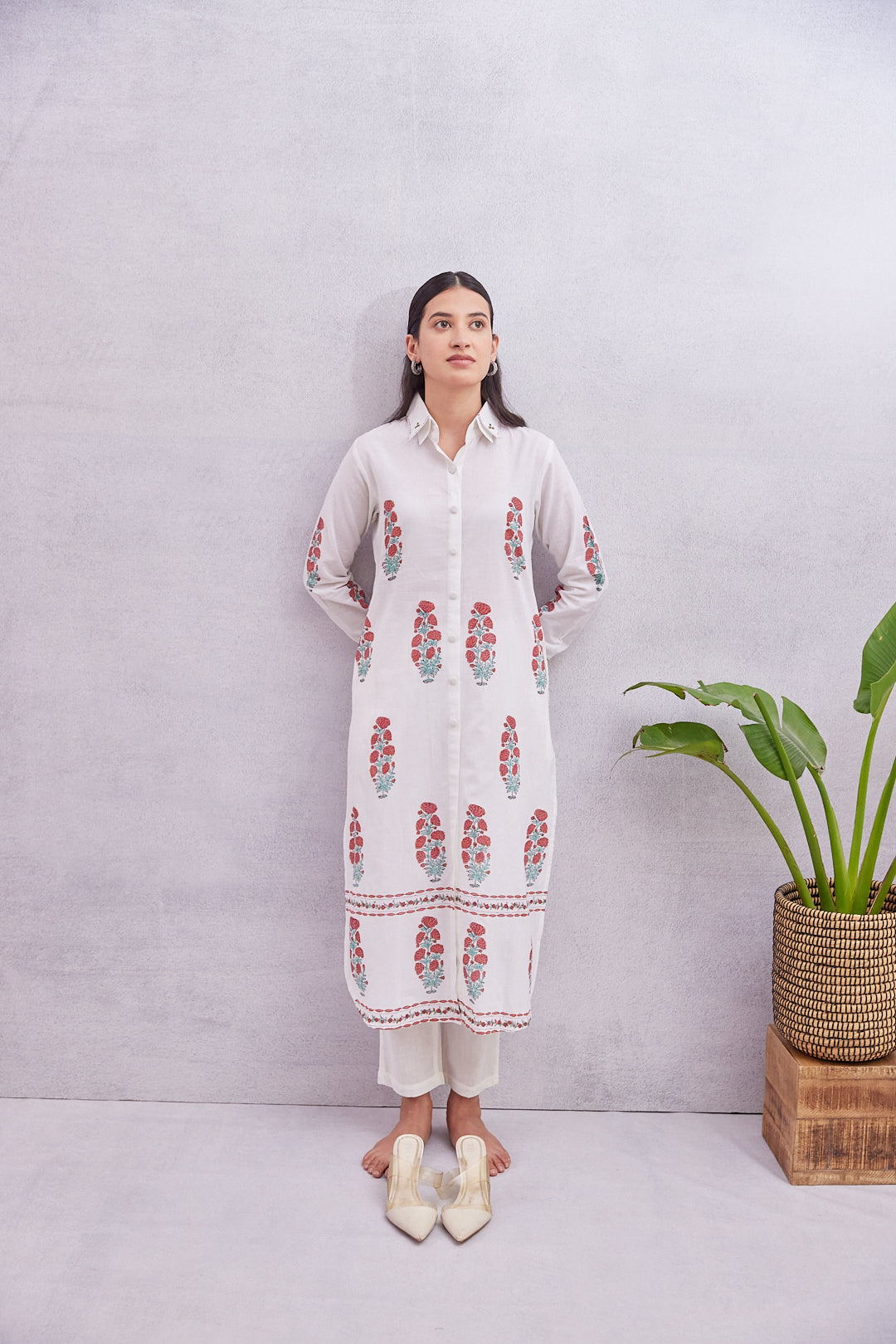 Crimson Bloom Kurta White with Red & Green Accents