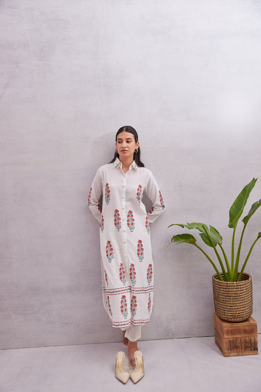 Crimson Bloom Kurta White with Red & Green Accents