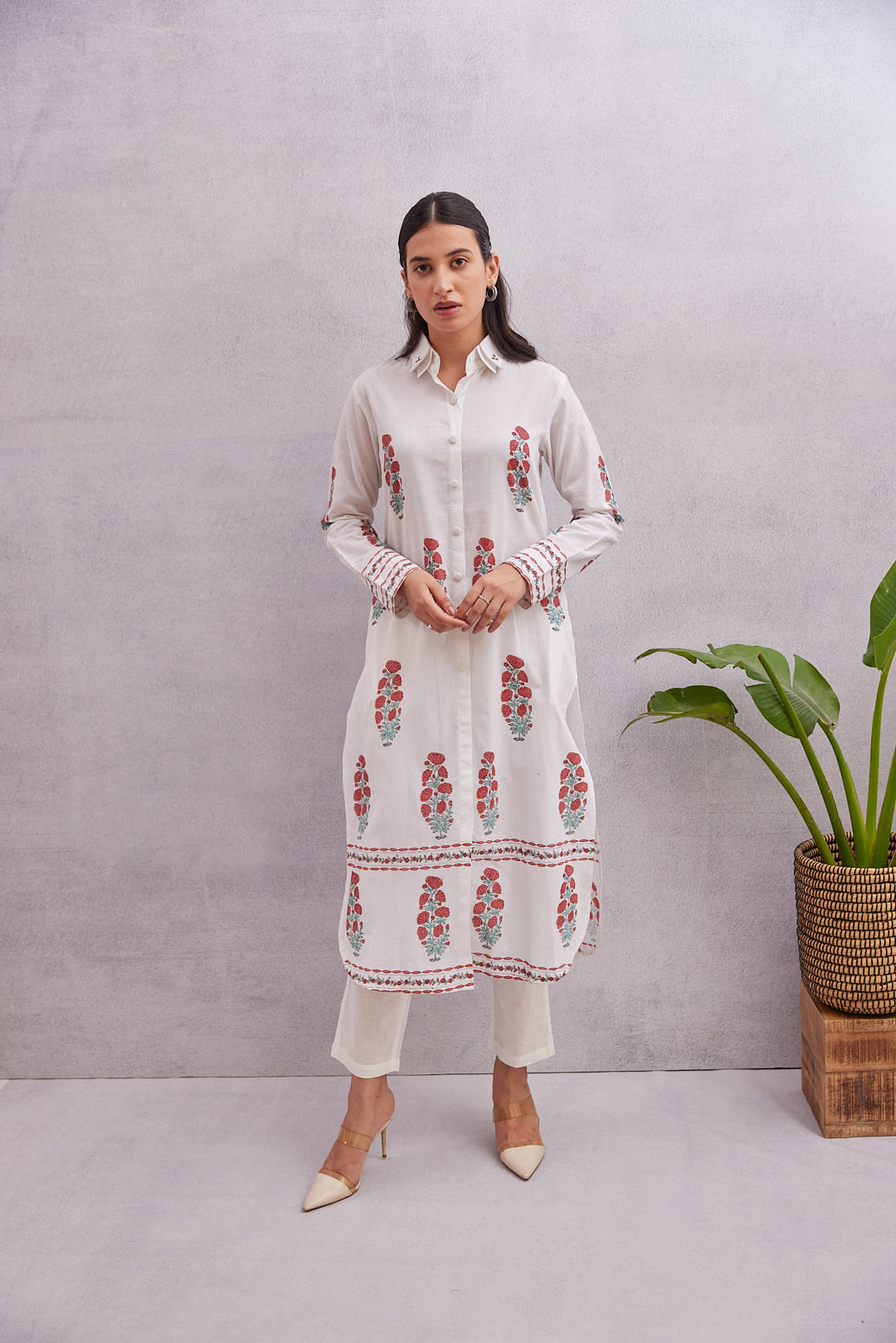 Crimson Bloom Kurta White with Red & Green Accents