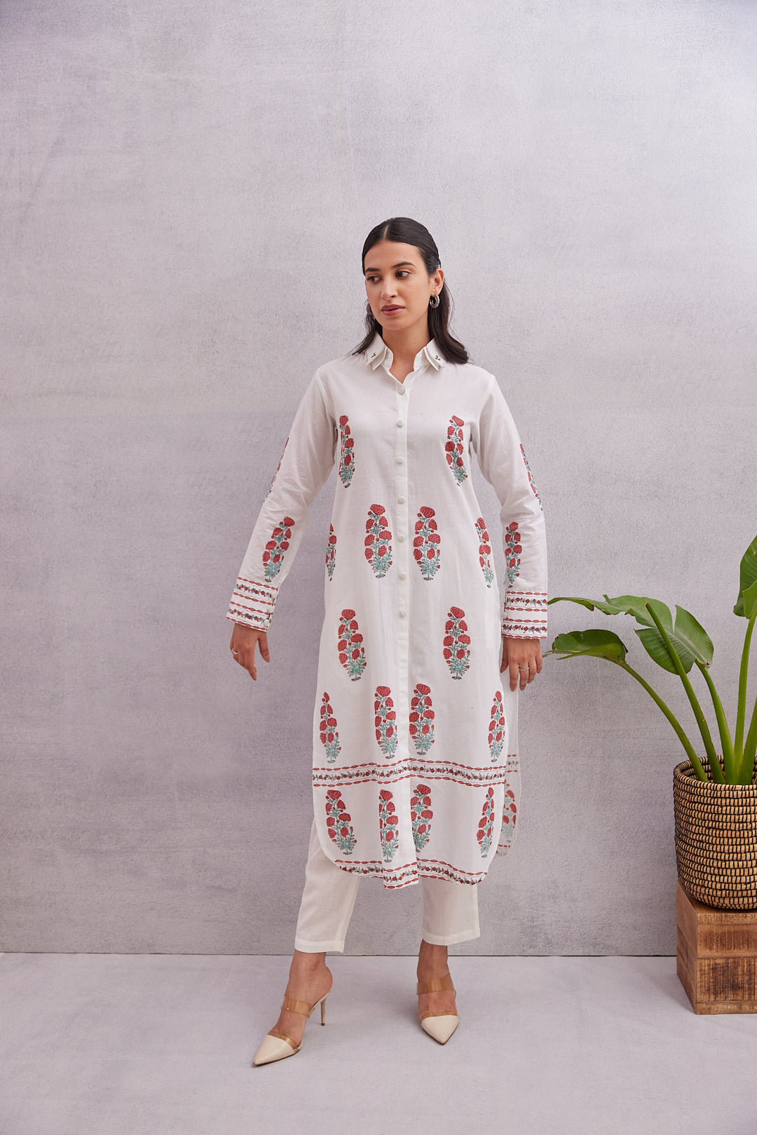 Crimson Bloom Kurta White with Red & Green Accents