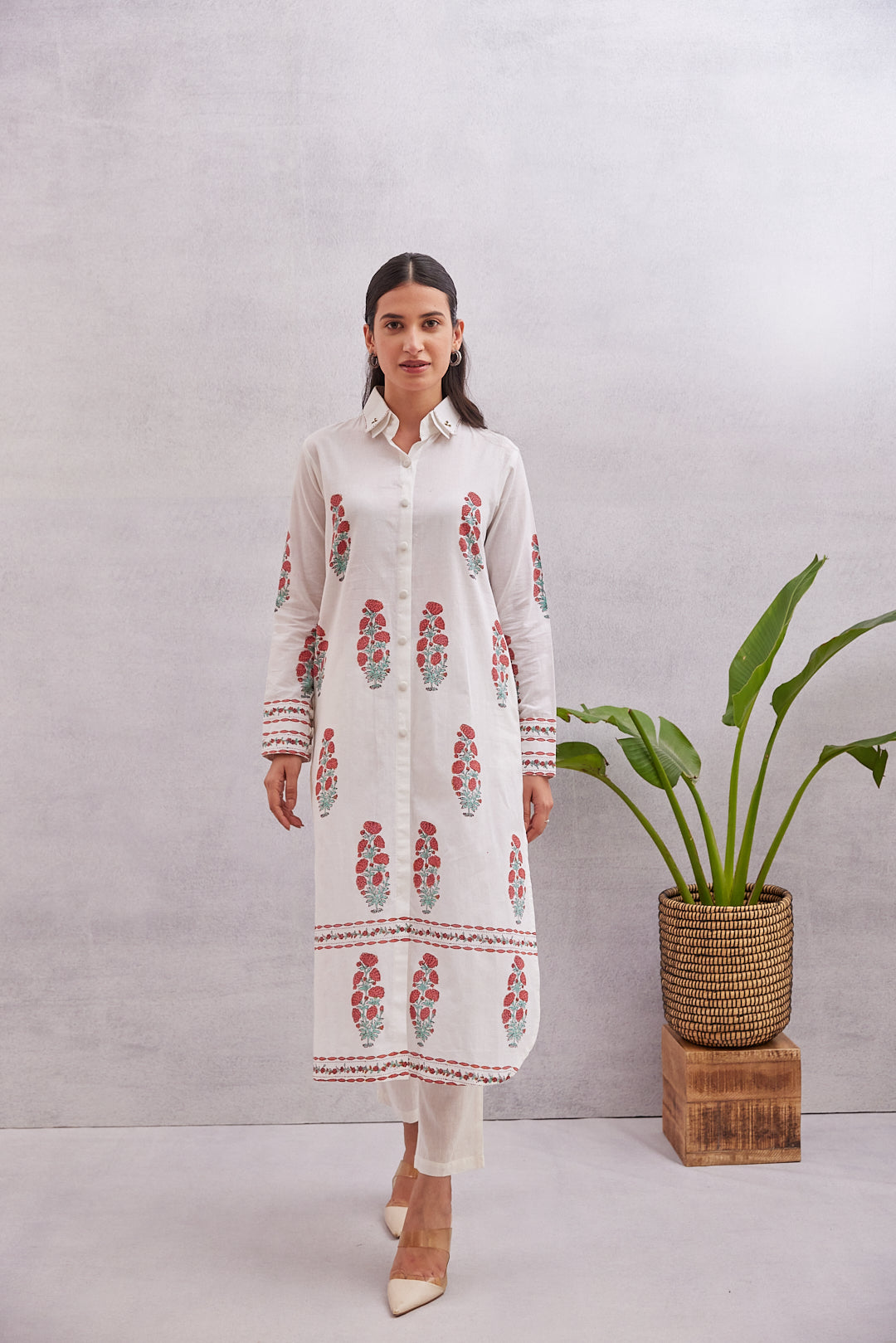 Crimson Bloom Kurta White with Red & Green Accents