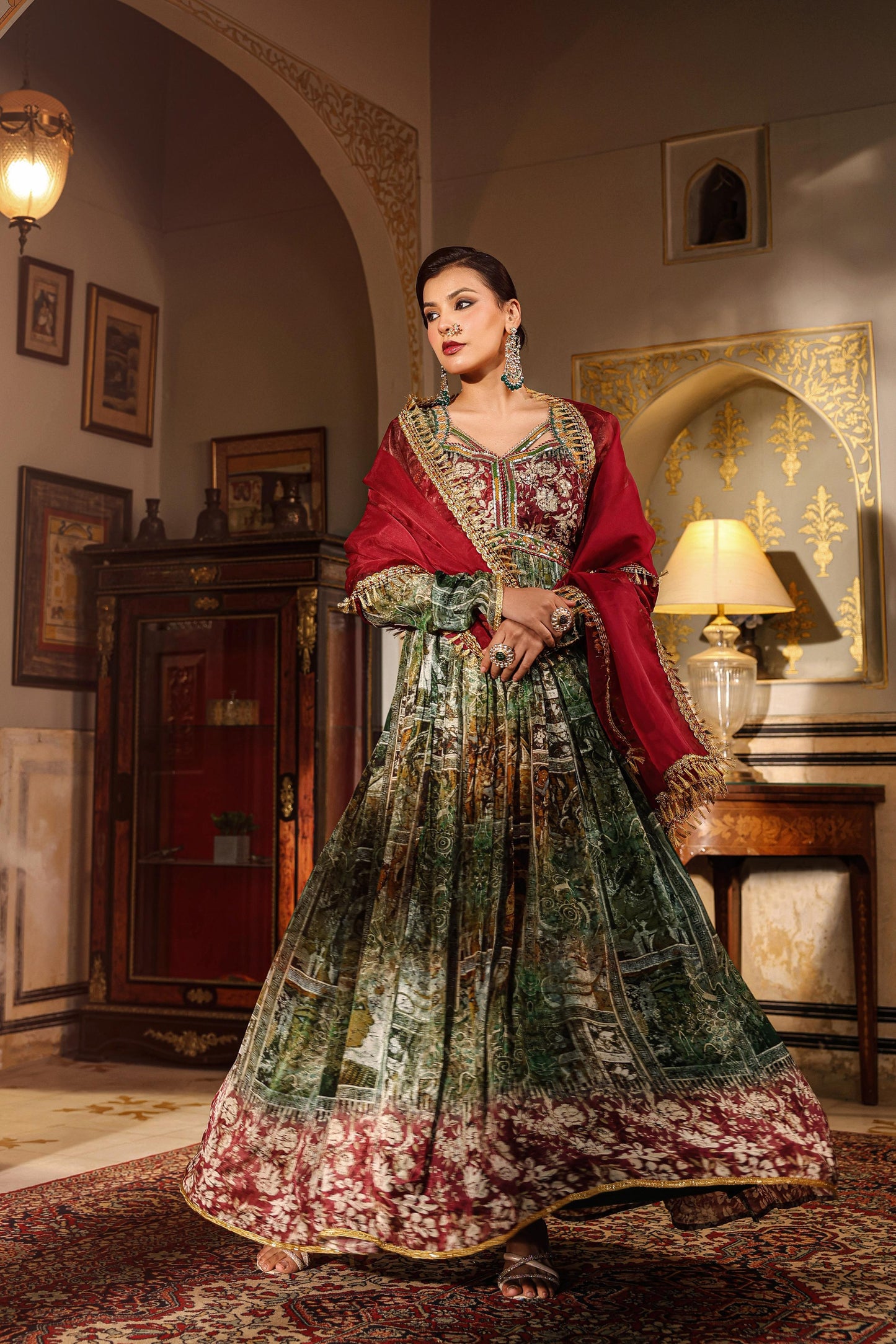 Beautiful Two Piece Full Sleeve Pure Chinon Full Flair Anarkali Gown Set