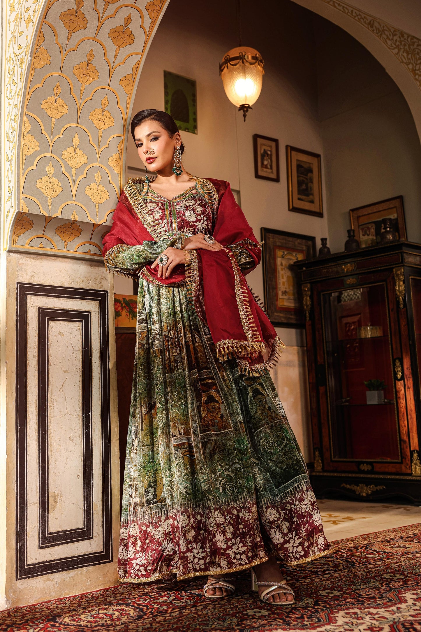 Beautiful Two Piece Full Sleeve Pure Chinon Full Flair Anarkali Gown Set