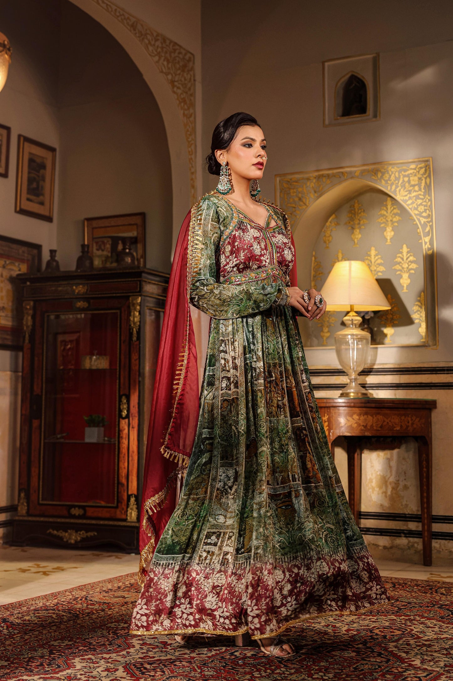 Beautiful Two Piece Full Sleeve Pure Chinon Full Flair Anarkali Gown Set