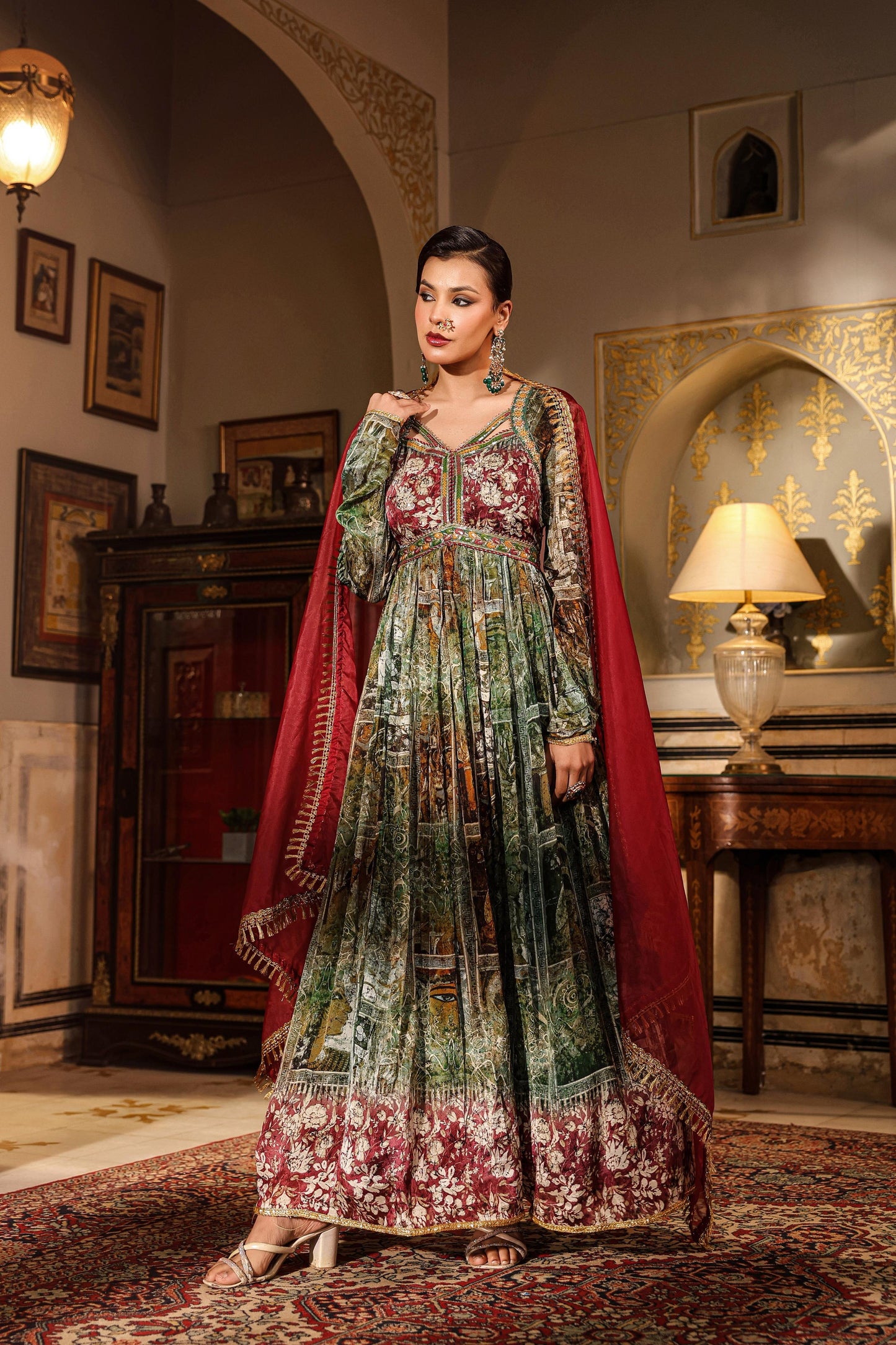 Beautiful Two Piece Full Sleeve Pure Chinon Full Flair Anarkali Gown Set