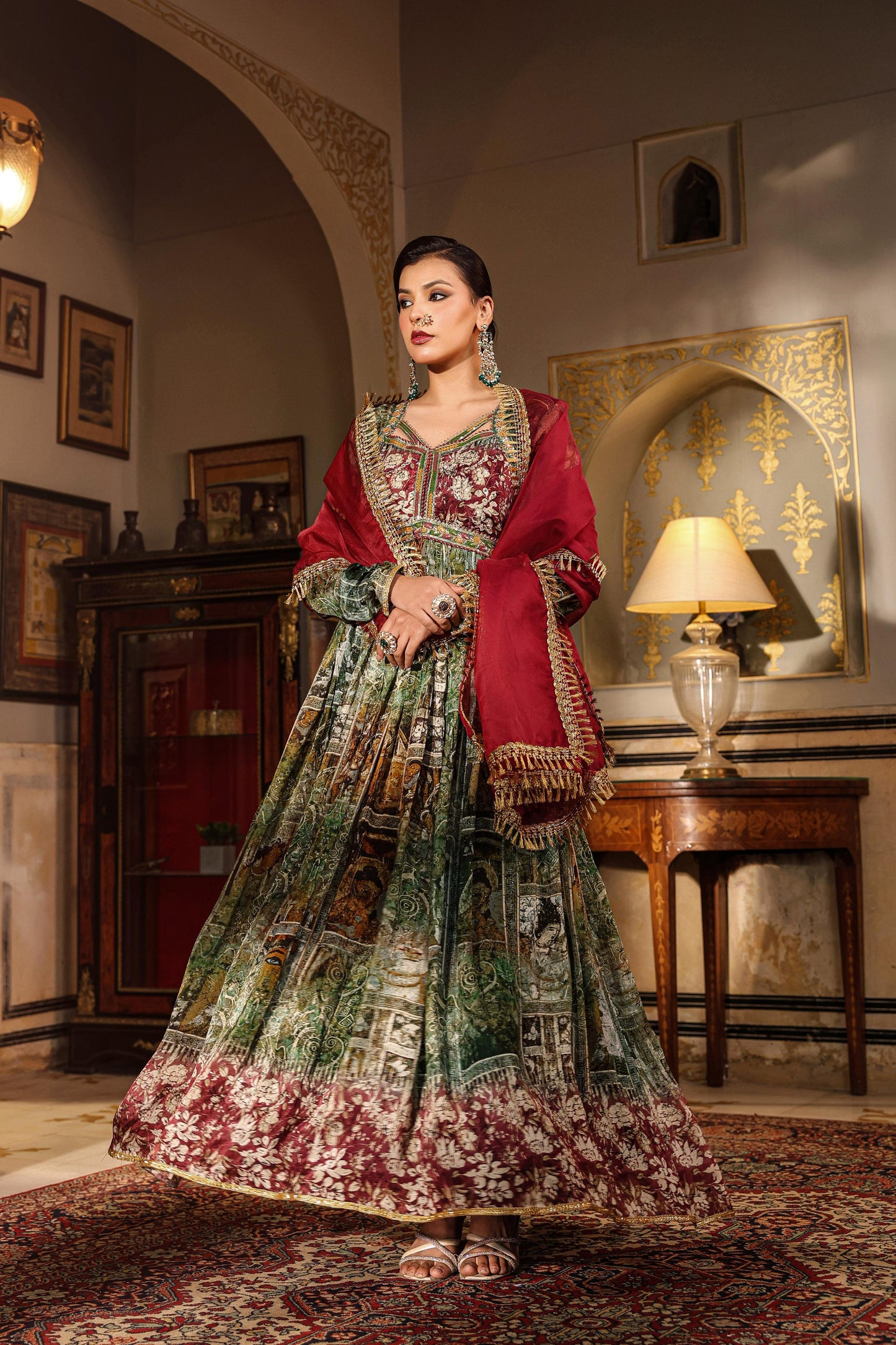 Beautiful Two Piece Full Sleeve Pure Chinon Full Flair Anarkali Gown Set