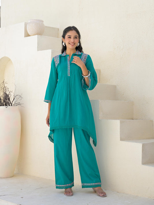 Embroidered Asymmetrical Kurta with Trousers