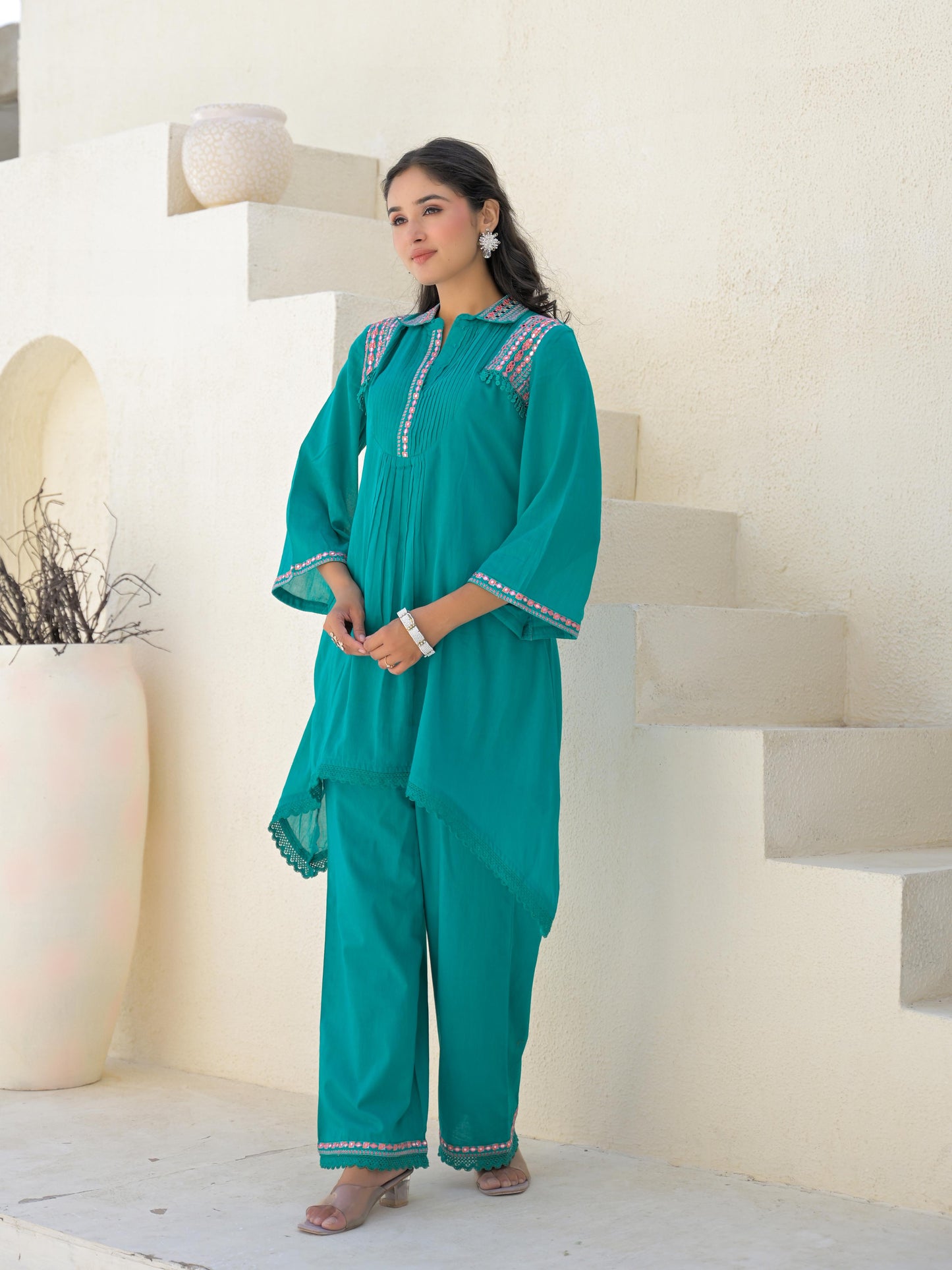 Embroidered Asymmetrical Kurta with Trousers