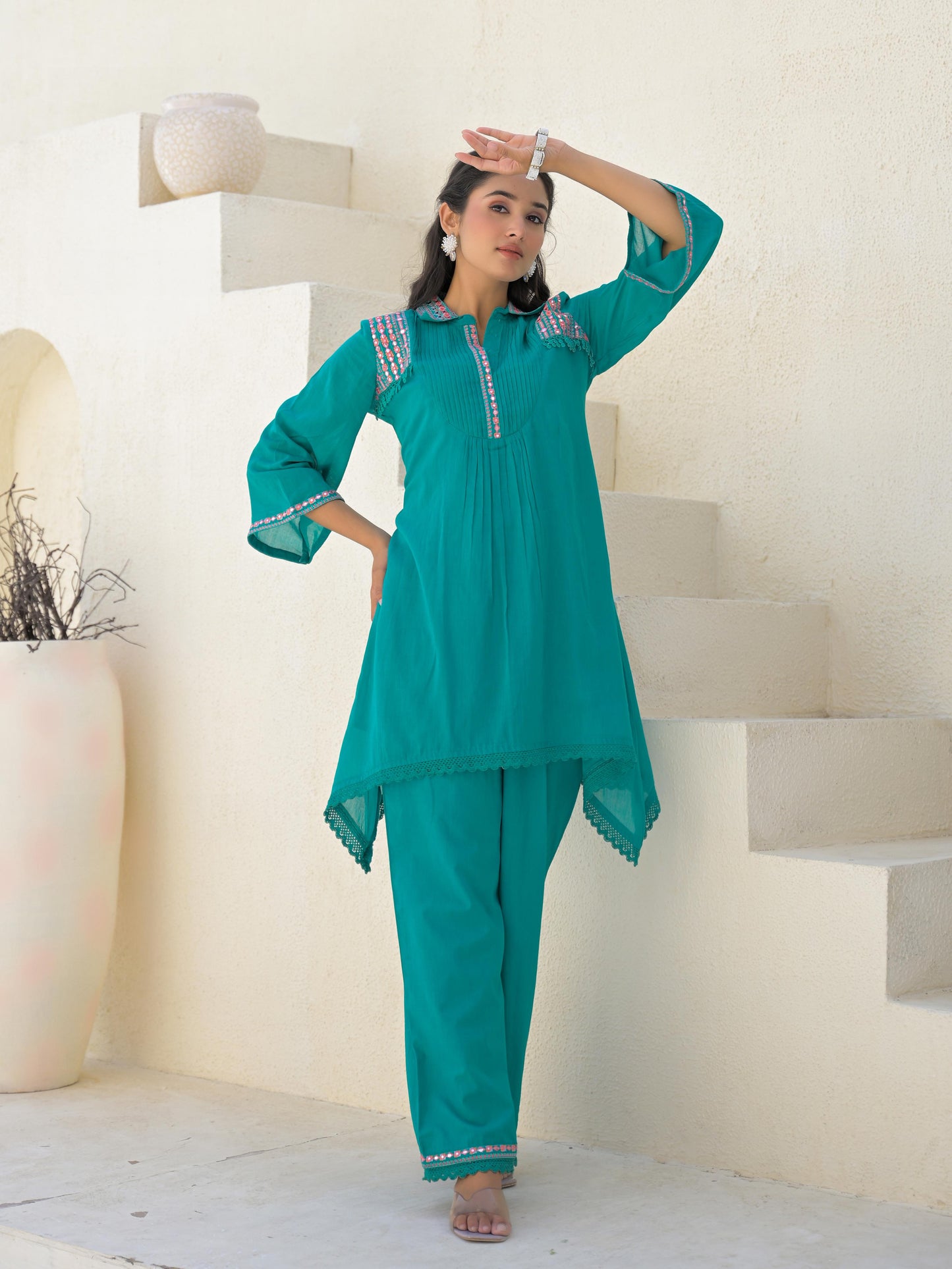 Embroidered Asymmetrical Kurta with Trousers