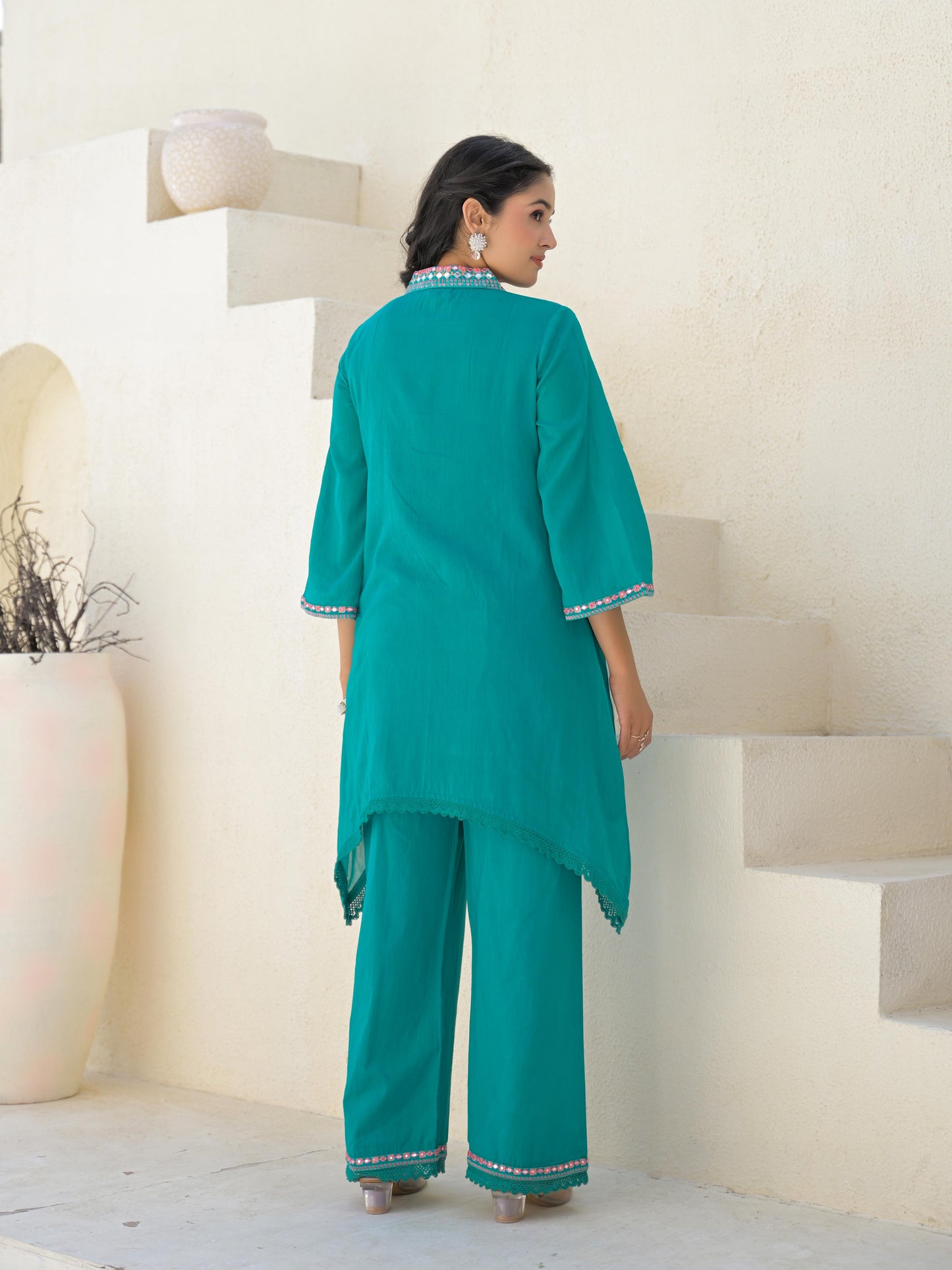 Embroidered Asymmetrical Kurta with Trousers