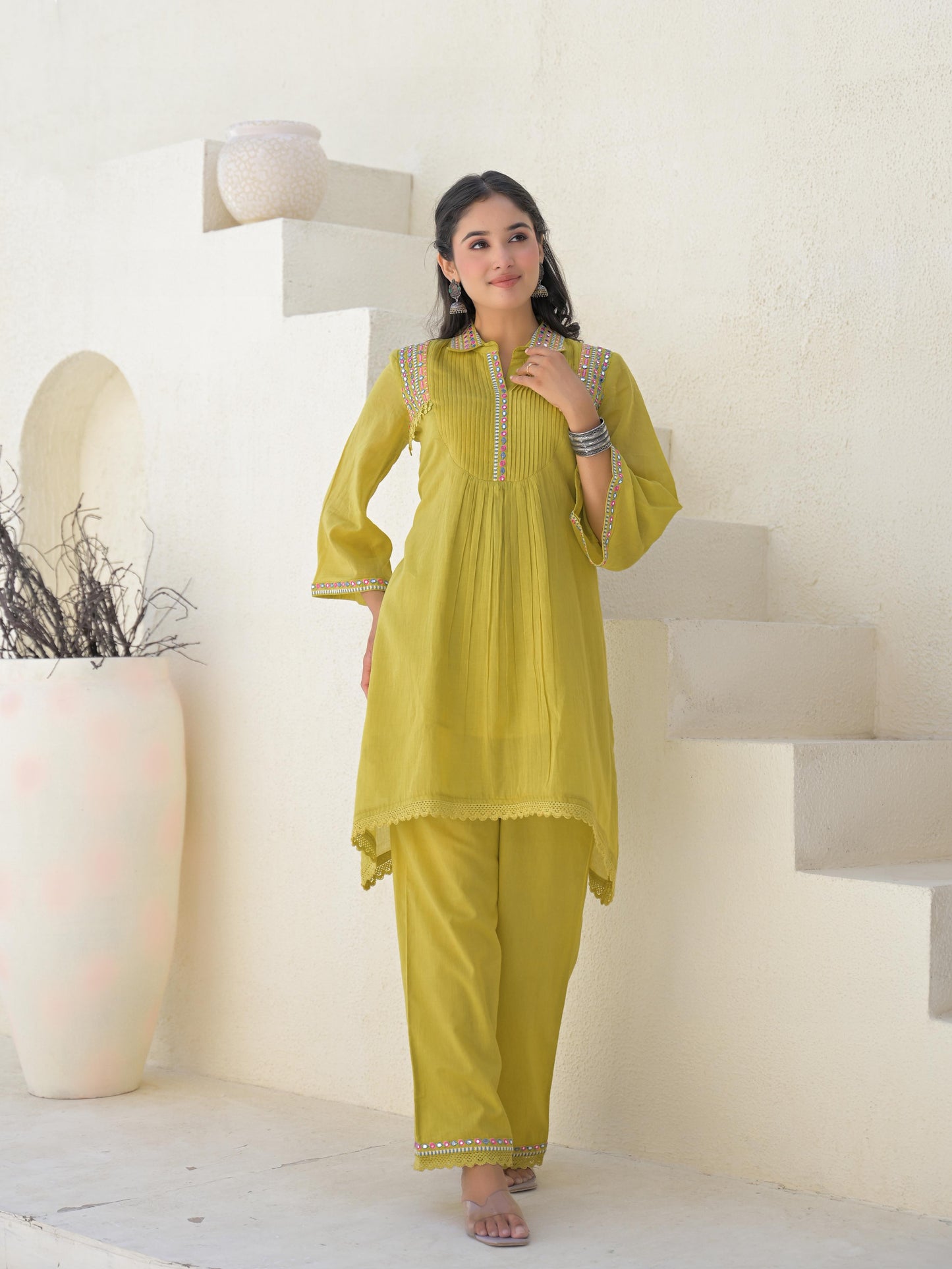 Embroidered Asymmetrical Kurta with Trousers