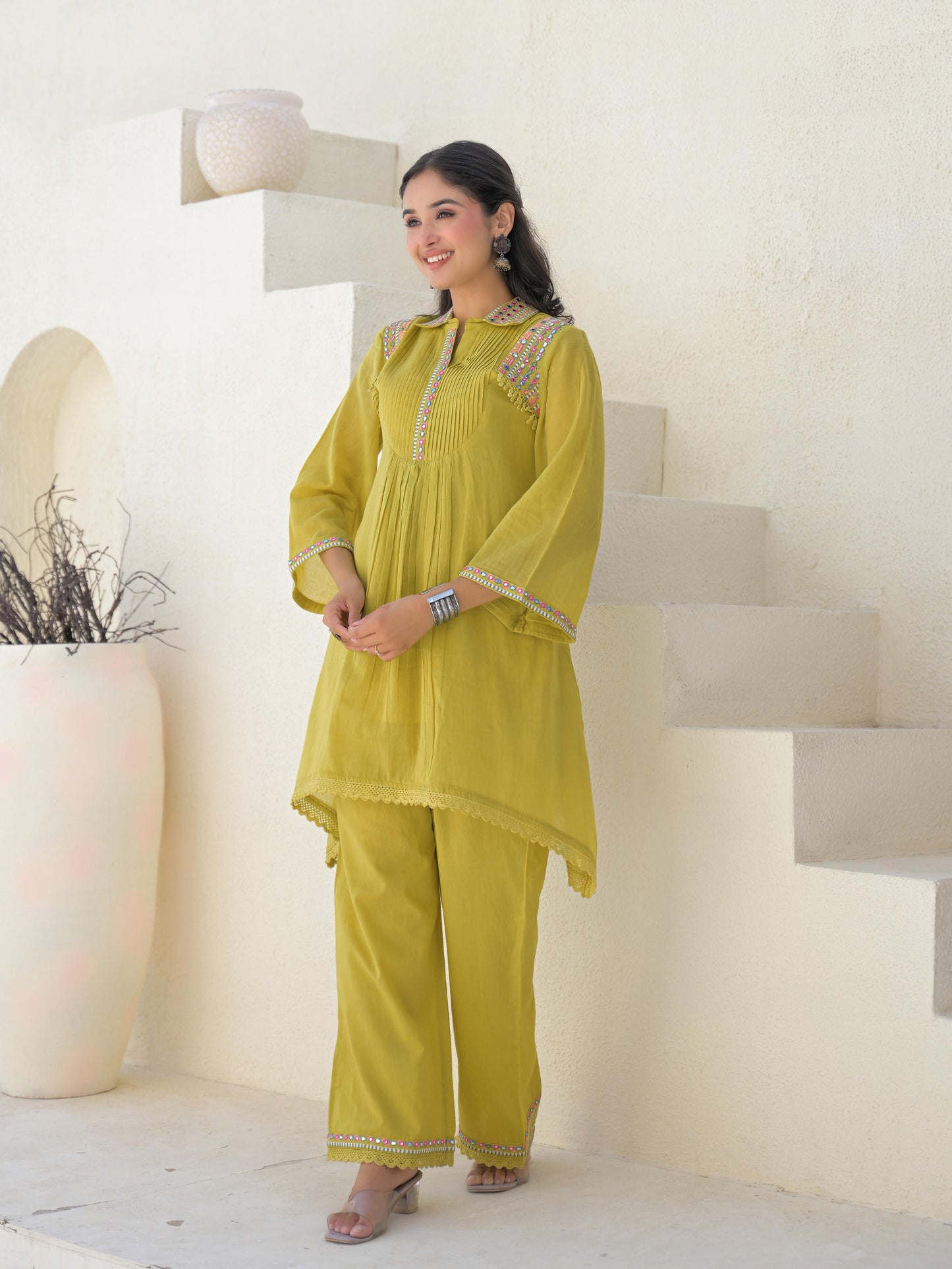 Embroidered Asymmetrical Kurta with Trousers