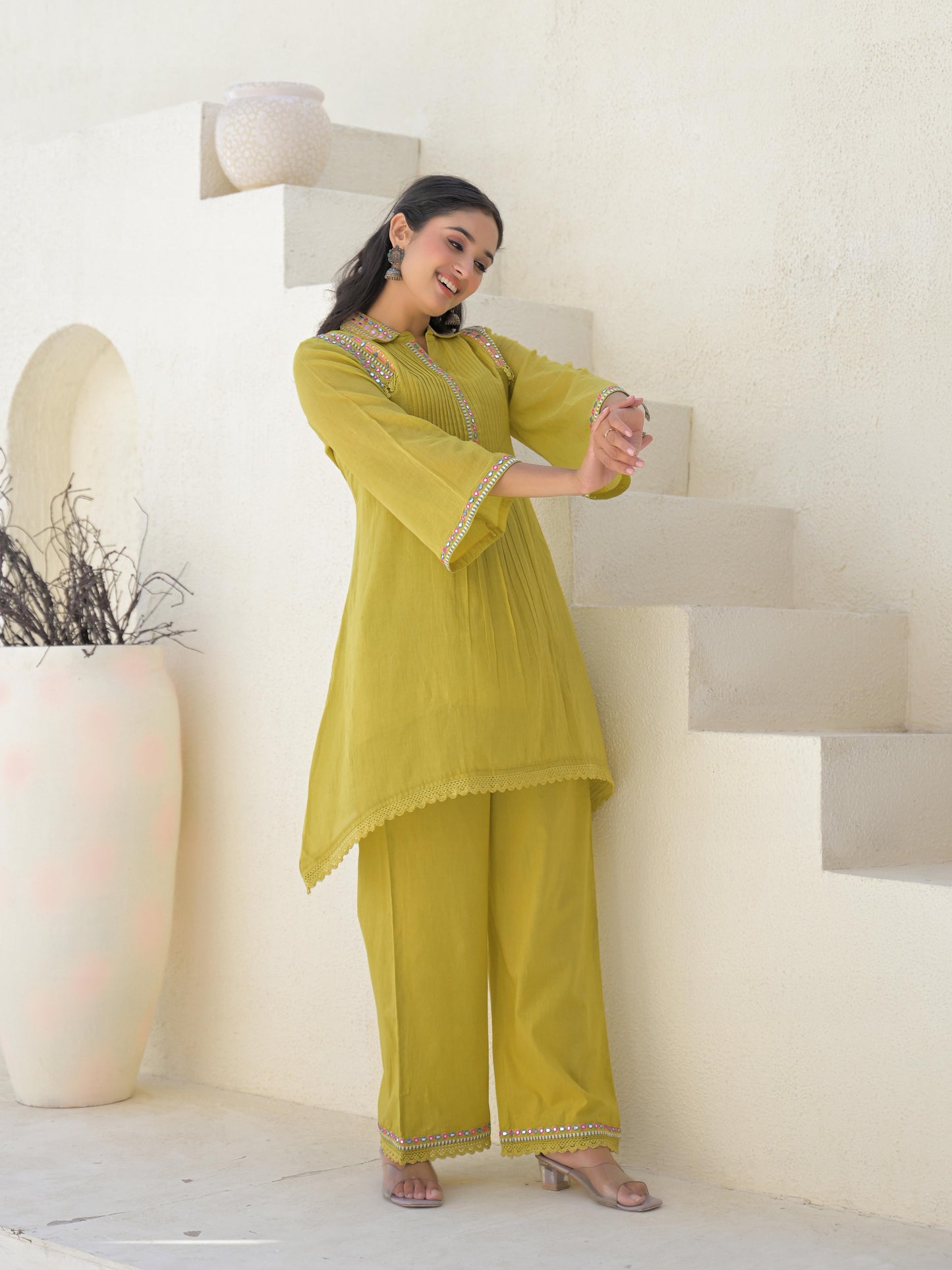 Embroidered Asymmetrical Kurta with Trousers