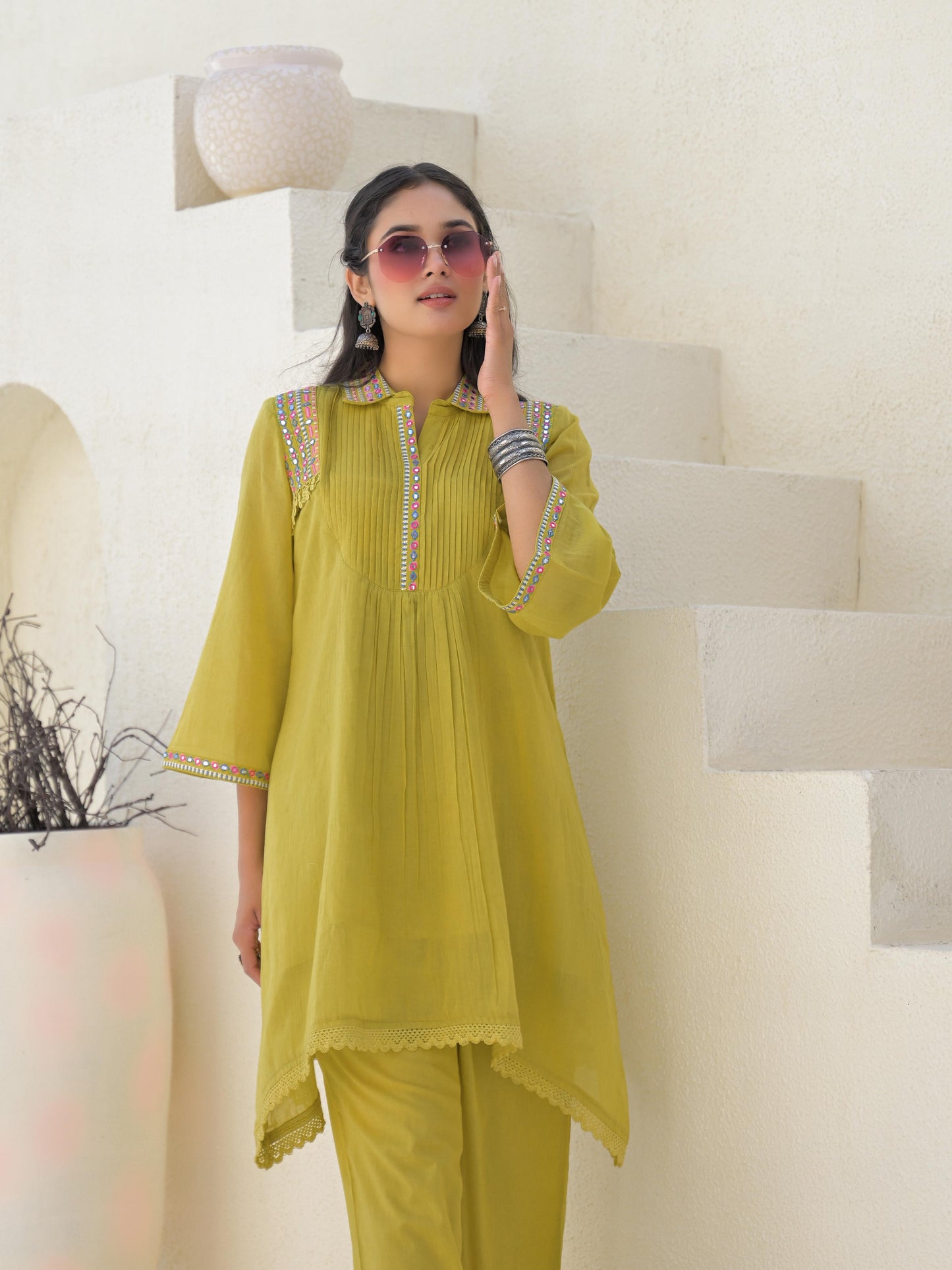 Embroidered Asymmetrical Kurta with Trousers