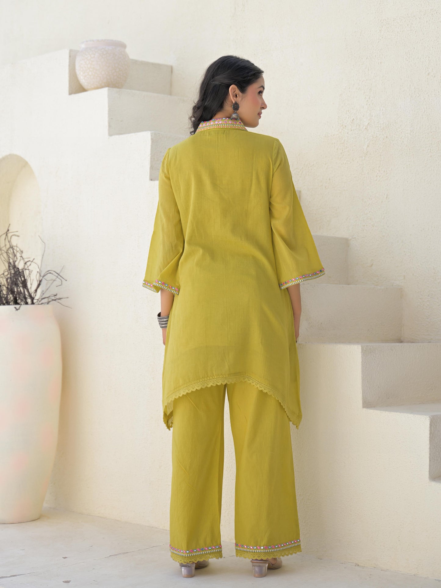 Embroidered Asymmetrical Kurta with Trousers