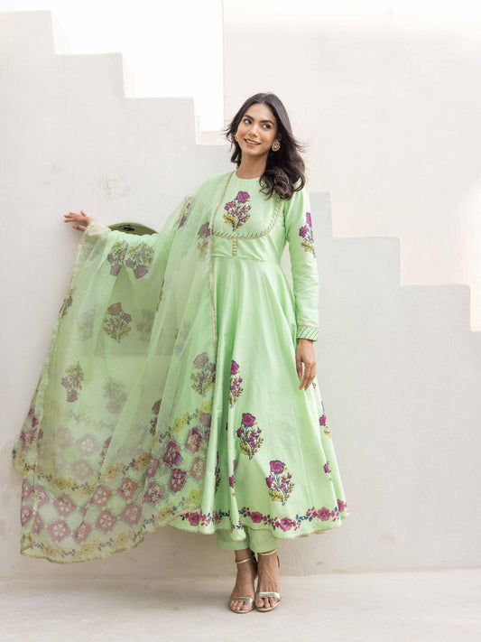 Blooming Grace Anarkali Set  Mint Green & Ivory White
