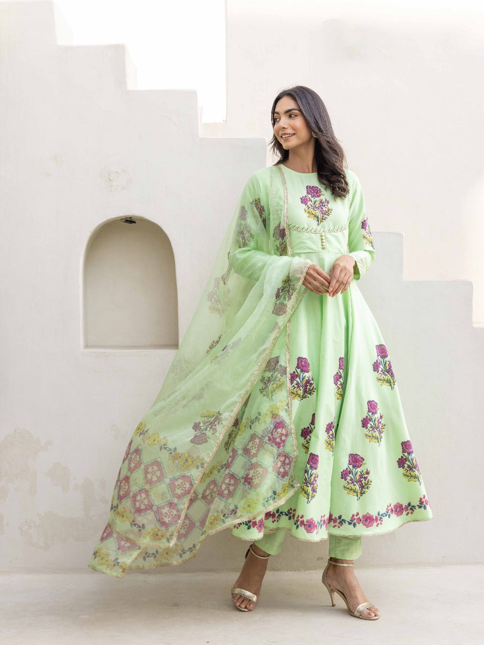 Blooming Grace Anarkali Set Mint Green & Ivory White