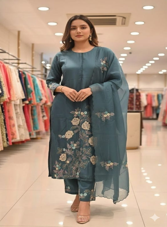 Teal & Beige Bloom Embroidered Straight Suit