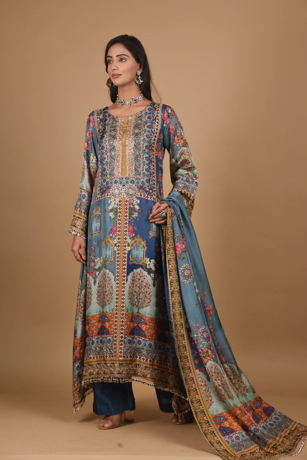 Blue colored Pakistani patterned suit set