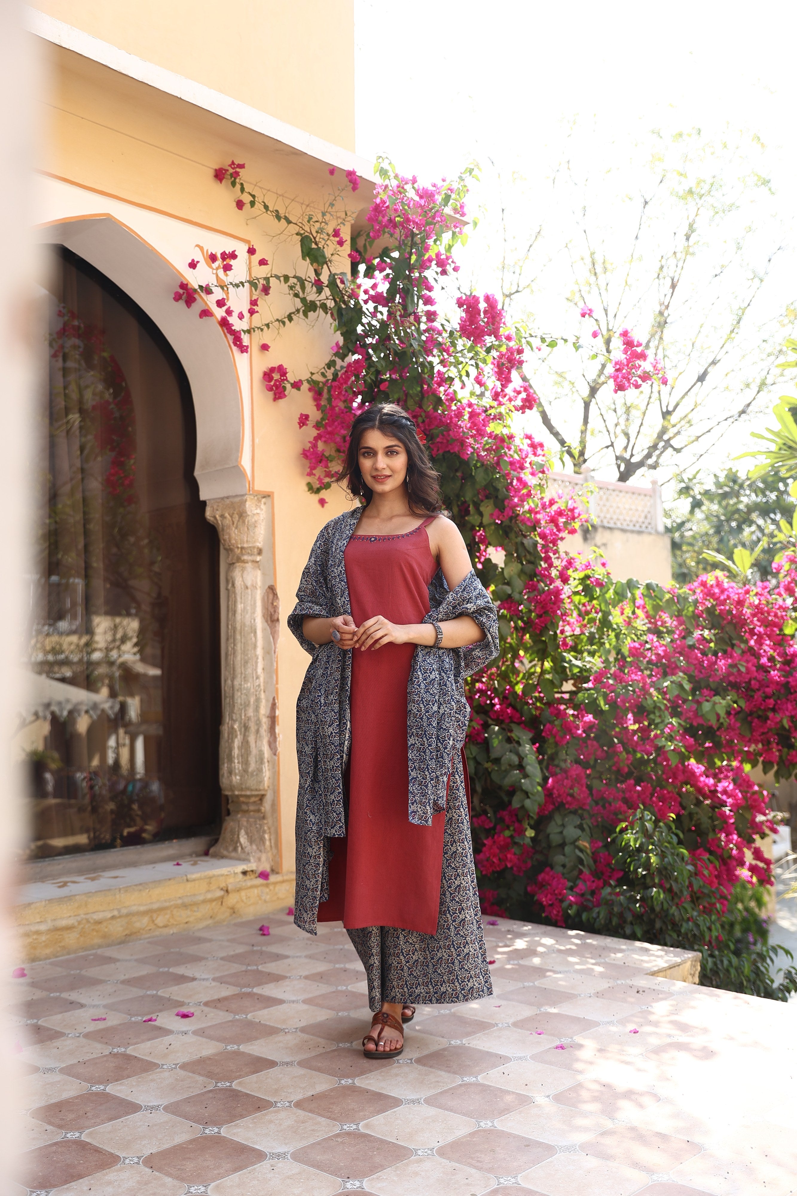 3-pcs Red Spaghetti embriodered kurta palazzo with dupatta set